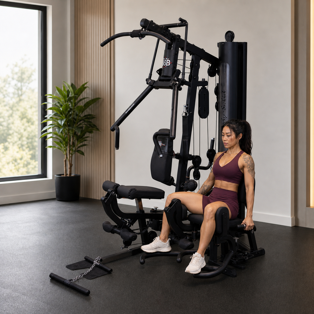 Fit model using the optional inner and outer thigh attachment on the Body-Solid G6B