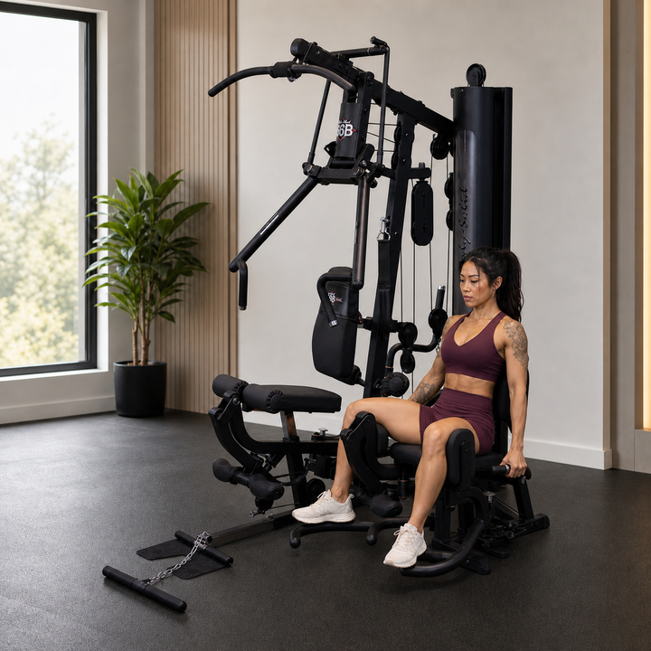 Fit model using the optional inner and outer thigh attachment on the Body-Solid G6B
