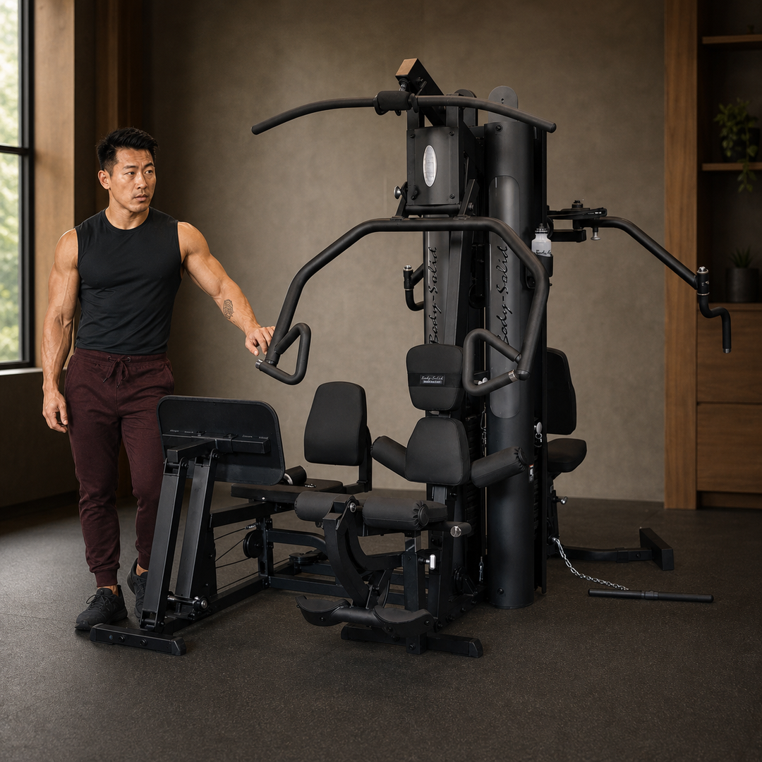 Body-Solid G9B dual-stack multi-station gym with fit model for human scale