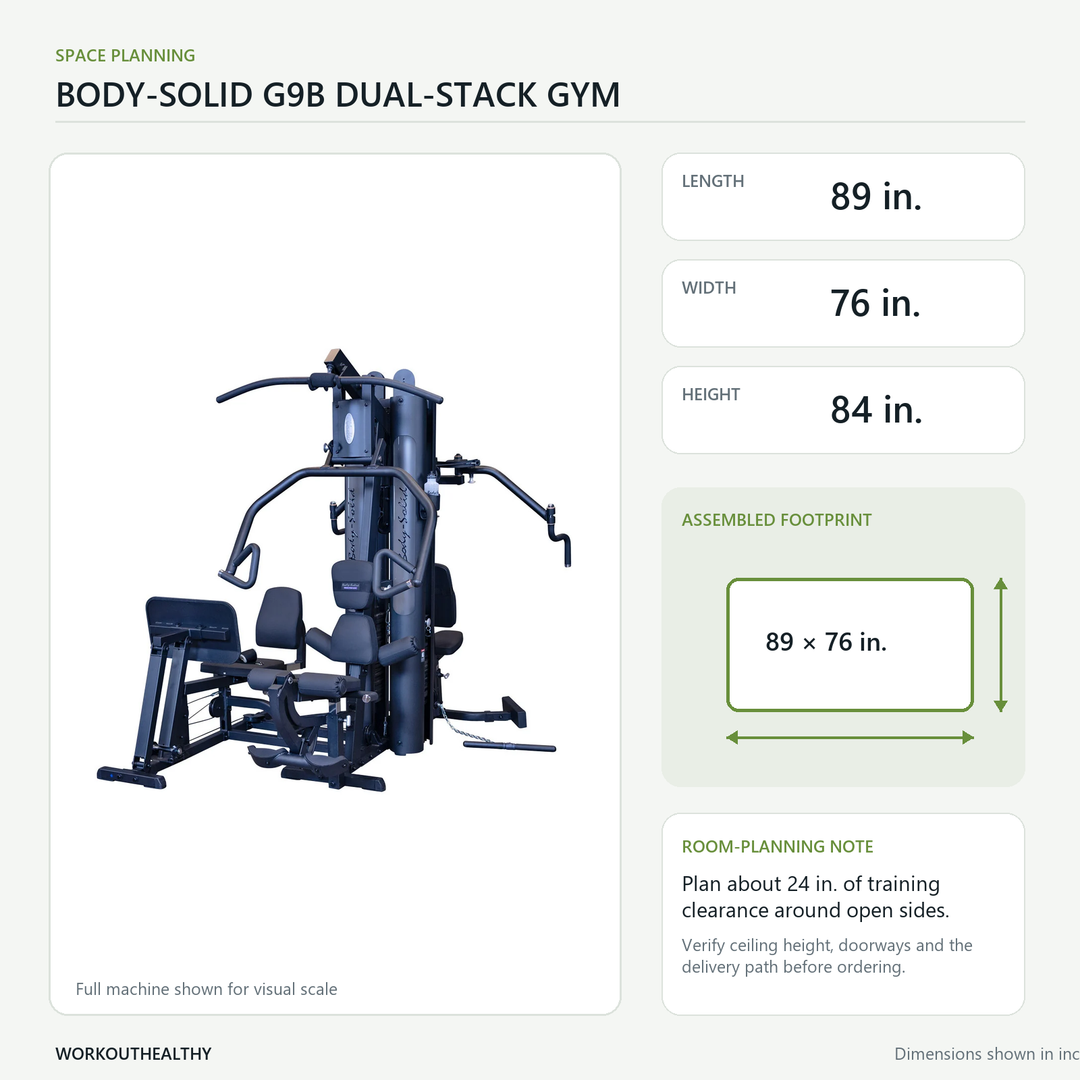 Body-Solid G9B dimensions and floor-space planning: 89 by 76 by 84 inches