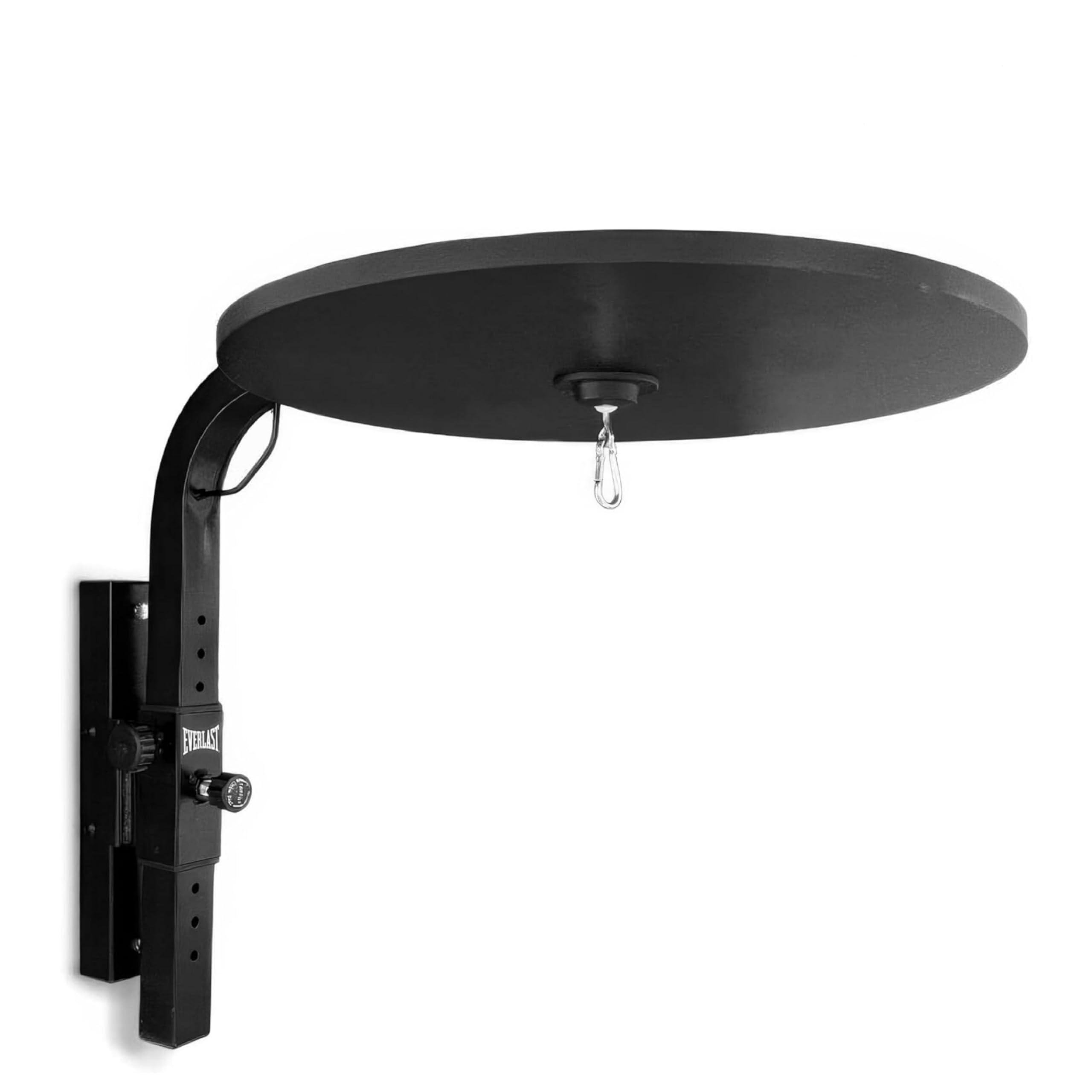 A black adjustable wall-mounted platform with a round, flat surface and a metal hook hanging from the center, typically used for attaching a speed bag in boxing training.
