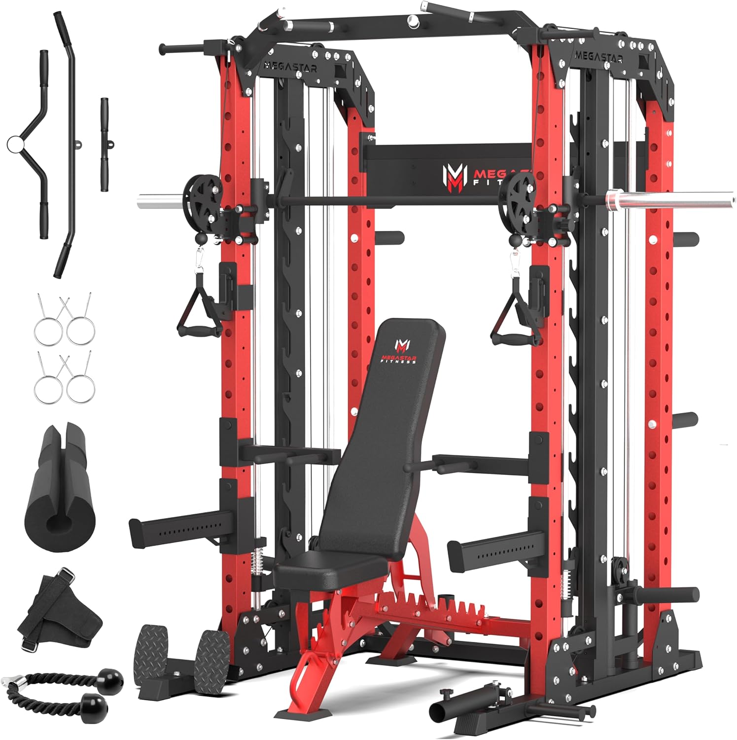 Red and black multifunctional home gym equipment with an adjustable bench, barbell holders, weight racks, handles, resistance bands, and various attachments arranged around the machine.