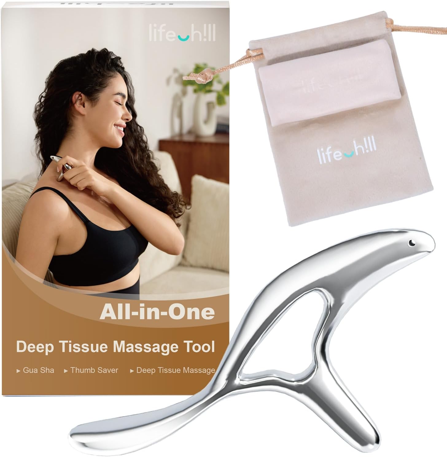 A woman uses a metal massage tool on her shoulder. Next to her is the product box labeled All-in-One Deep Tissue Massage Tool and a beige drawstring pouch. The metal tool is shaped like a dolphin.