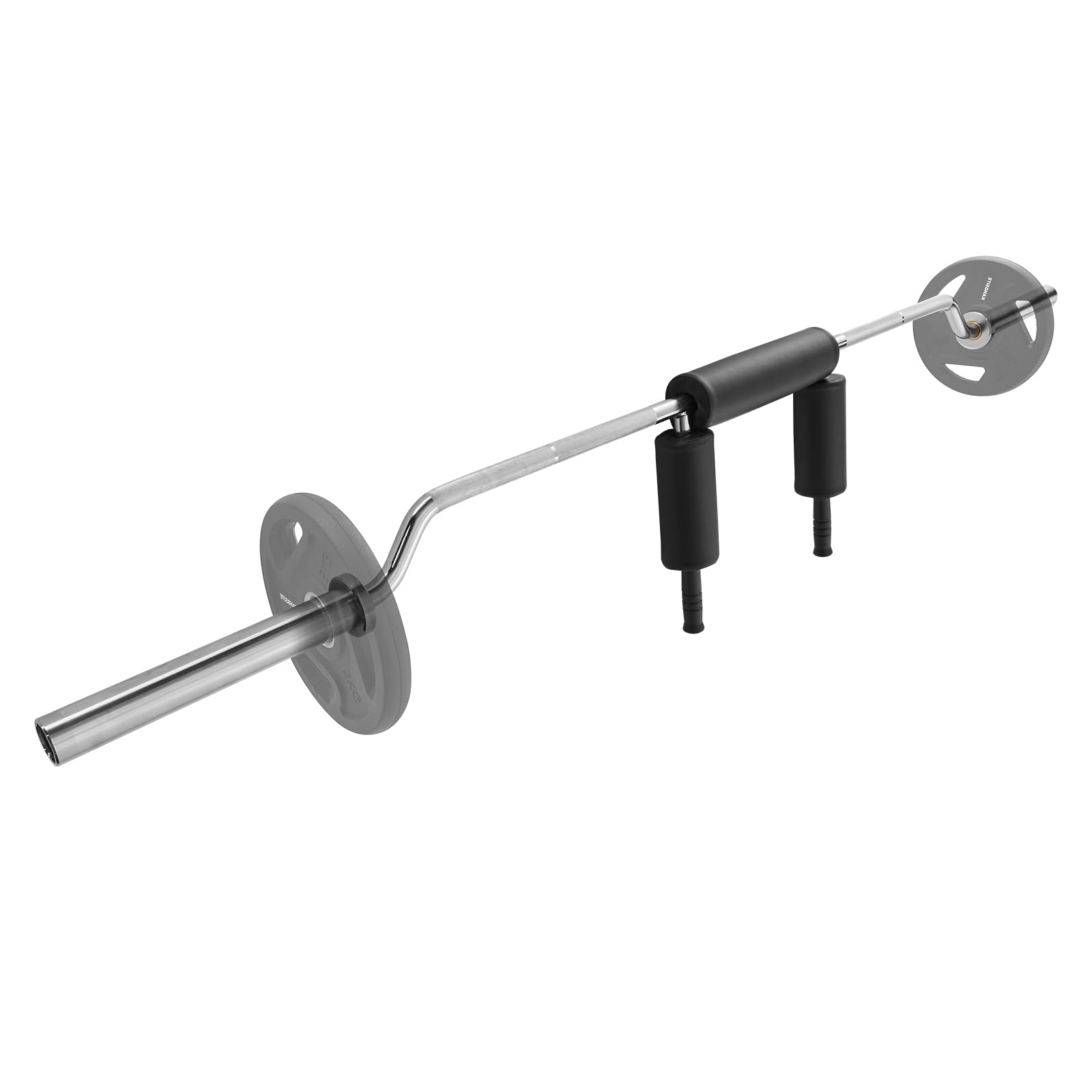A silver safety squat barbell—commercial gym equipment—with angled handles, thick center padding, and three weight plates attached: two on one side and one on the other.