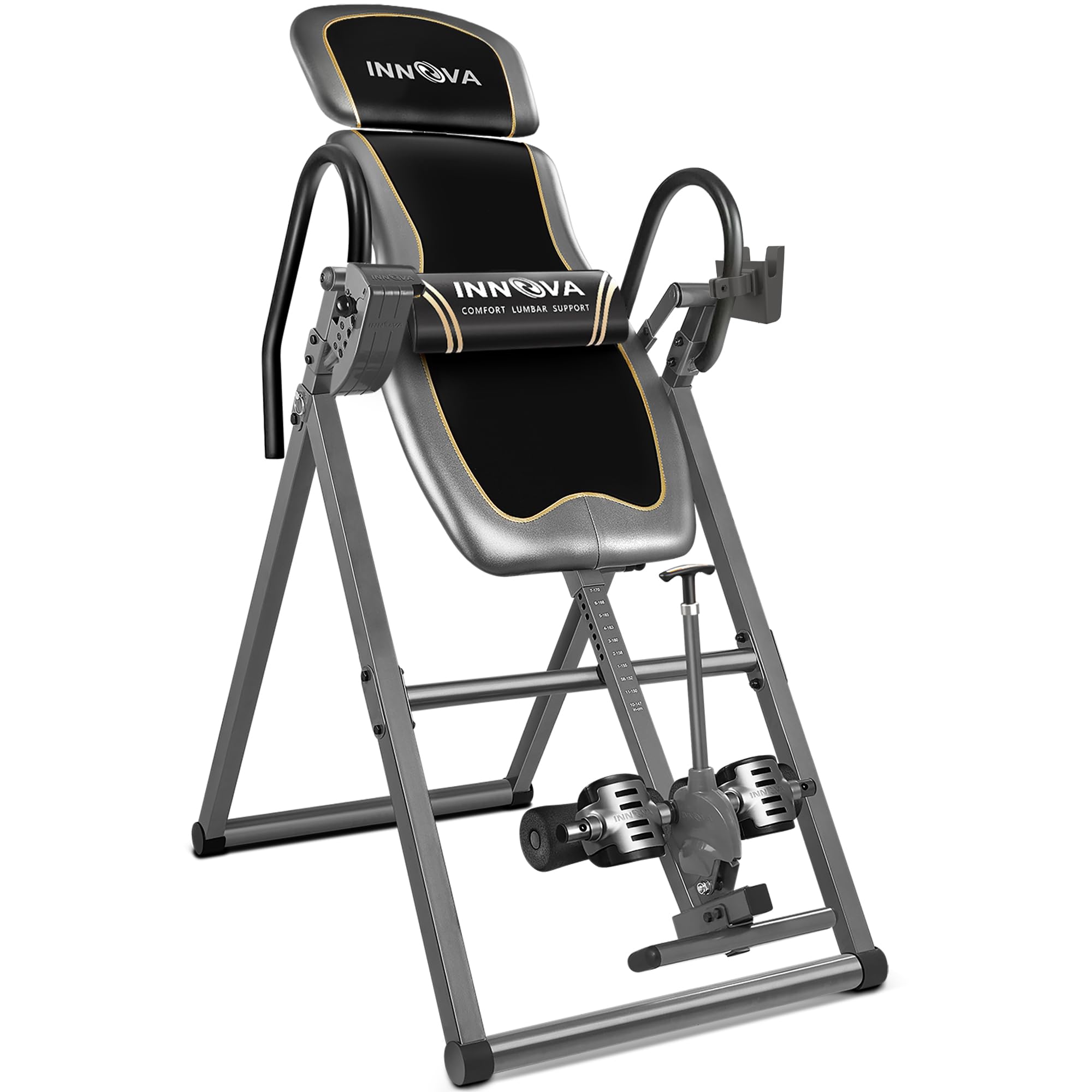 A black and gray inversion table with padded backrest and adjustable ankle supports, designed for fitness and therapy. The brand INNOVA is visible on the headrest and lumbar pad.