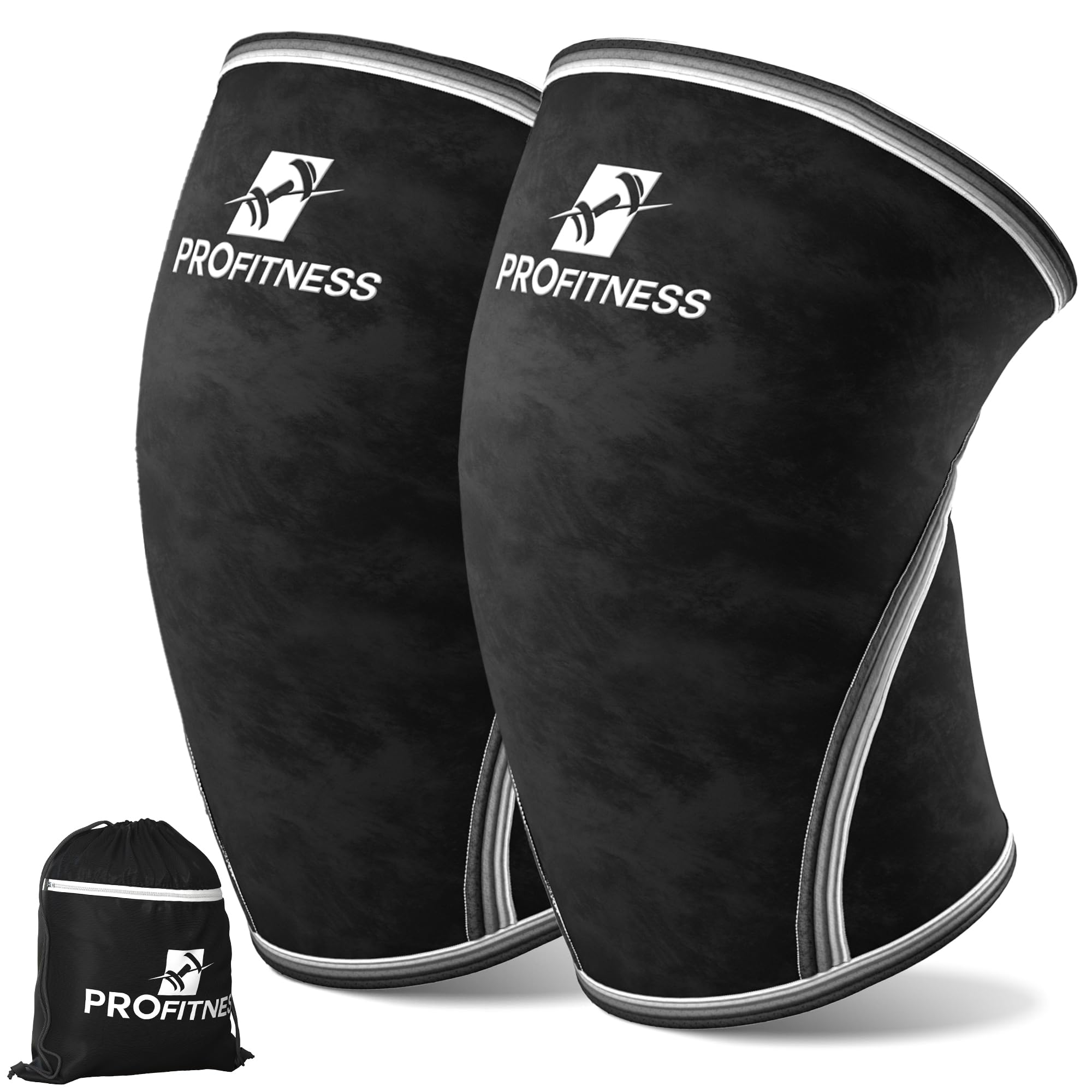 A pair of black PROFITNESS knee sleeves with white trim and logo, displayed upright. A matching drawstring carry bag sits beside them.