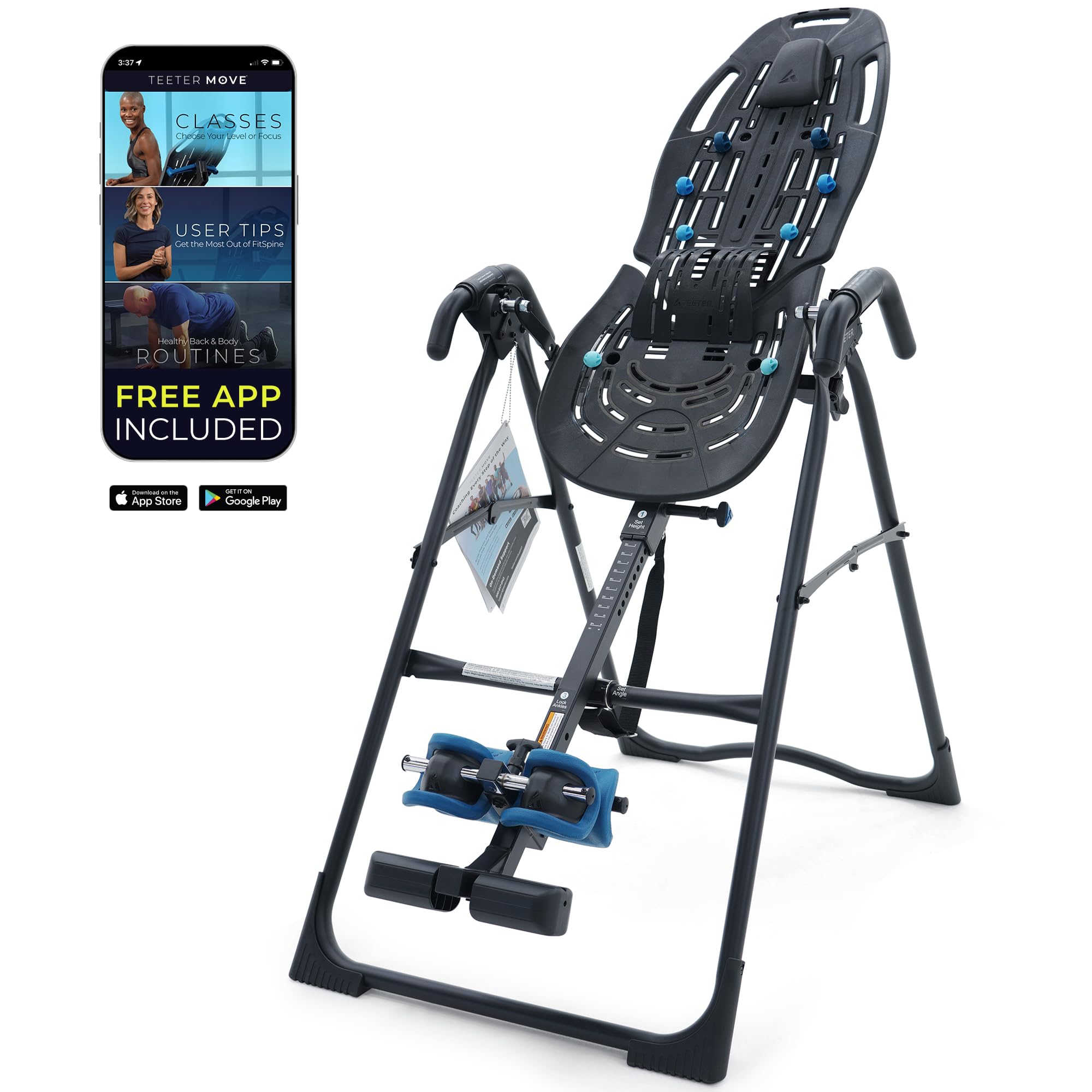 Black inversion table with adjustable footrests and padded back support, designed for back therapy or exercise. A smartphone screen nearby advertises a free app available on Google Play and the App Store.