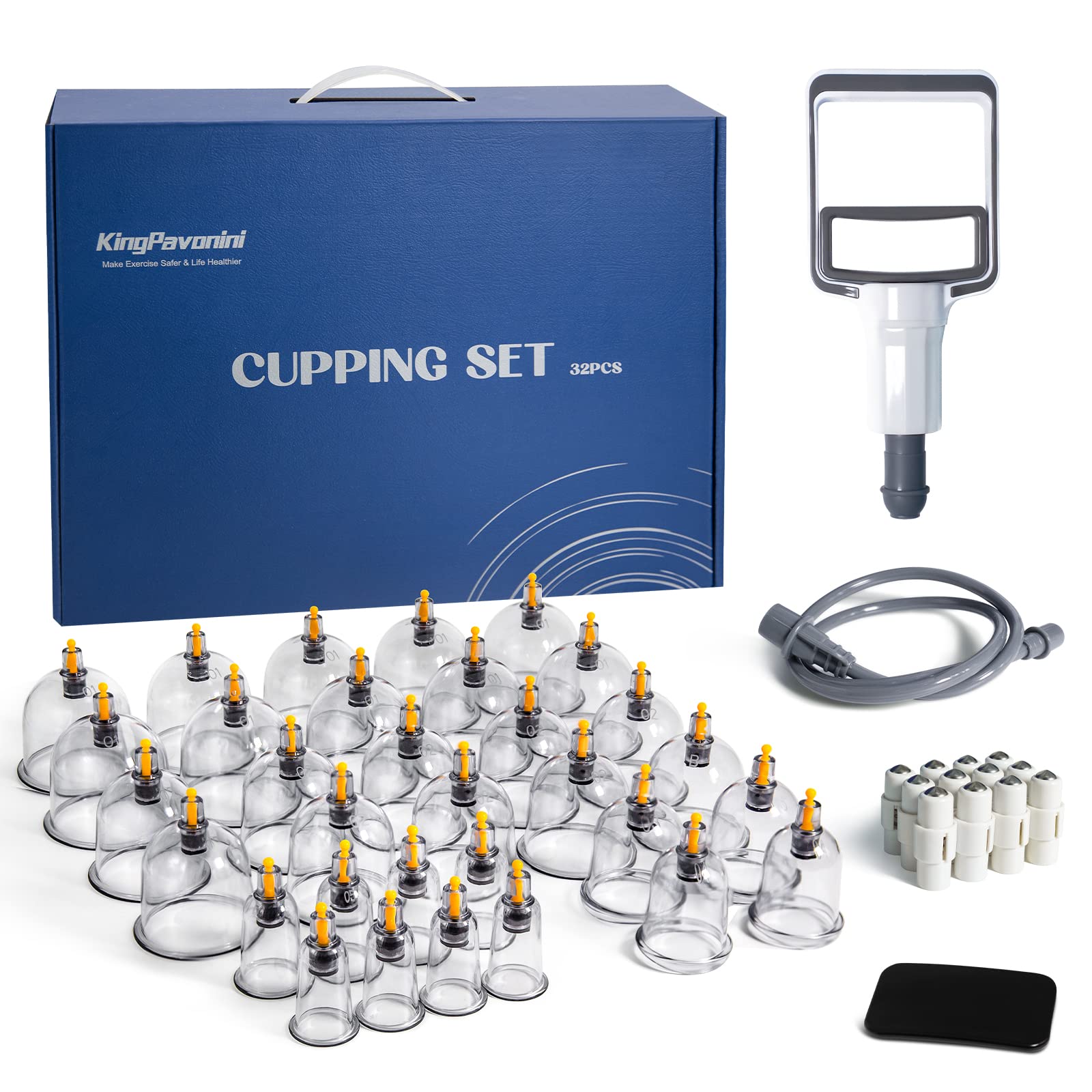 A blue box labeled Cupping Set is shown with multiple transparent plastic cupping cups, a hand pump, tubing, spare valves, and a small black pouch arranged in front of it.