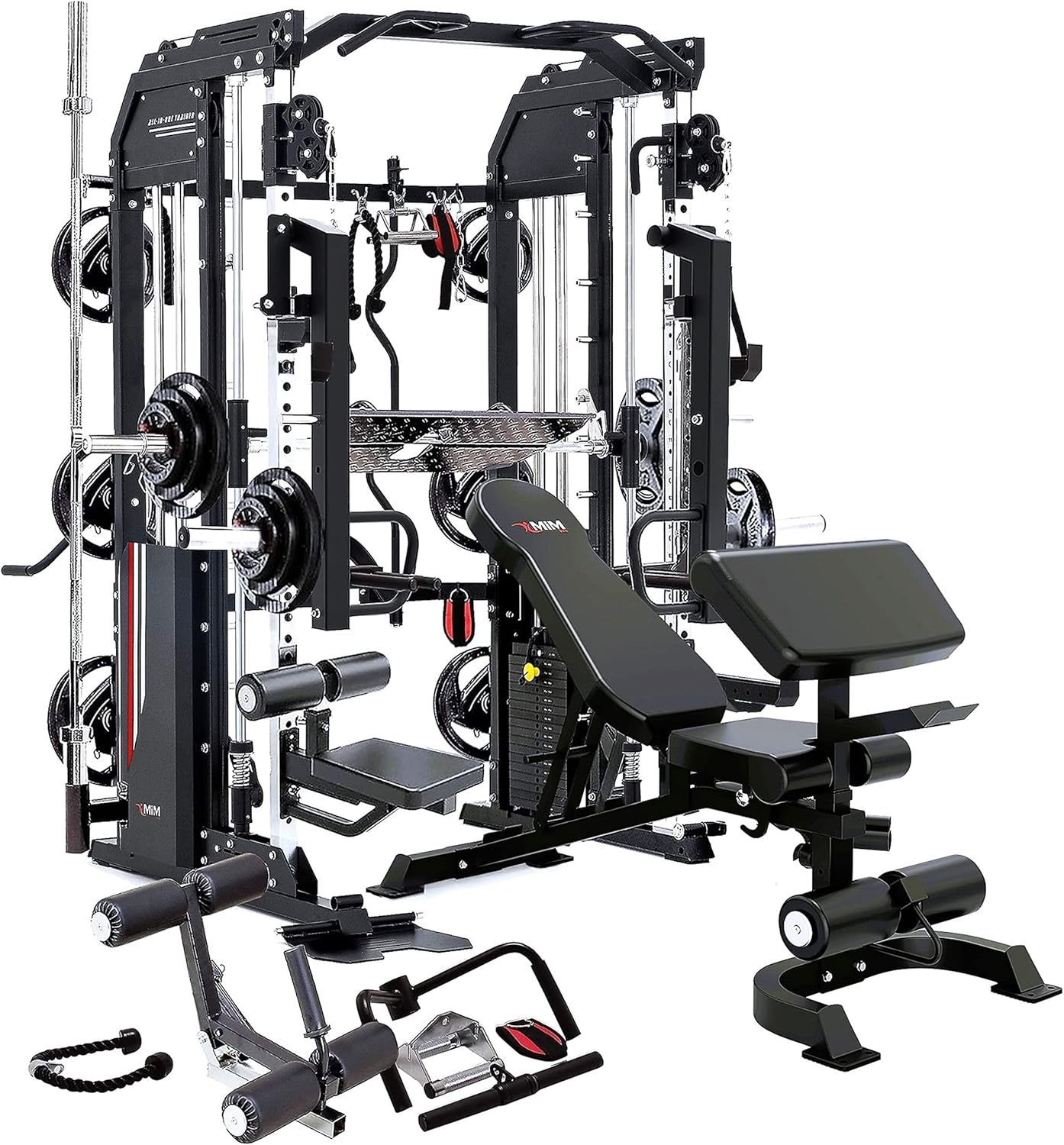 A multifunctional home gym machine with a weight bench, barbells, weight plates, cables, pulleys, and various attachments for strength training exercises.
