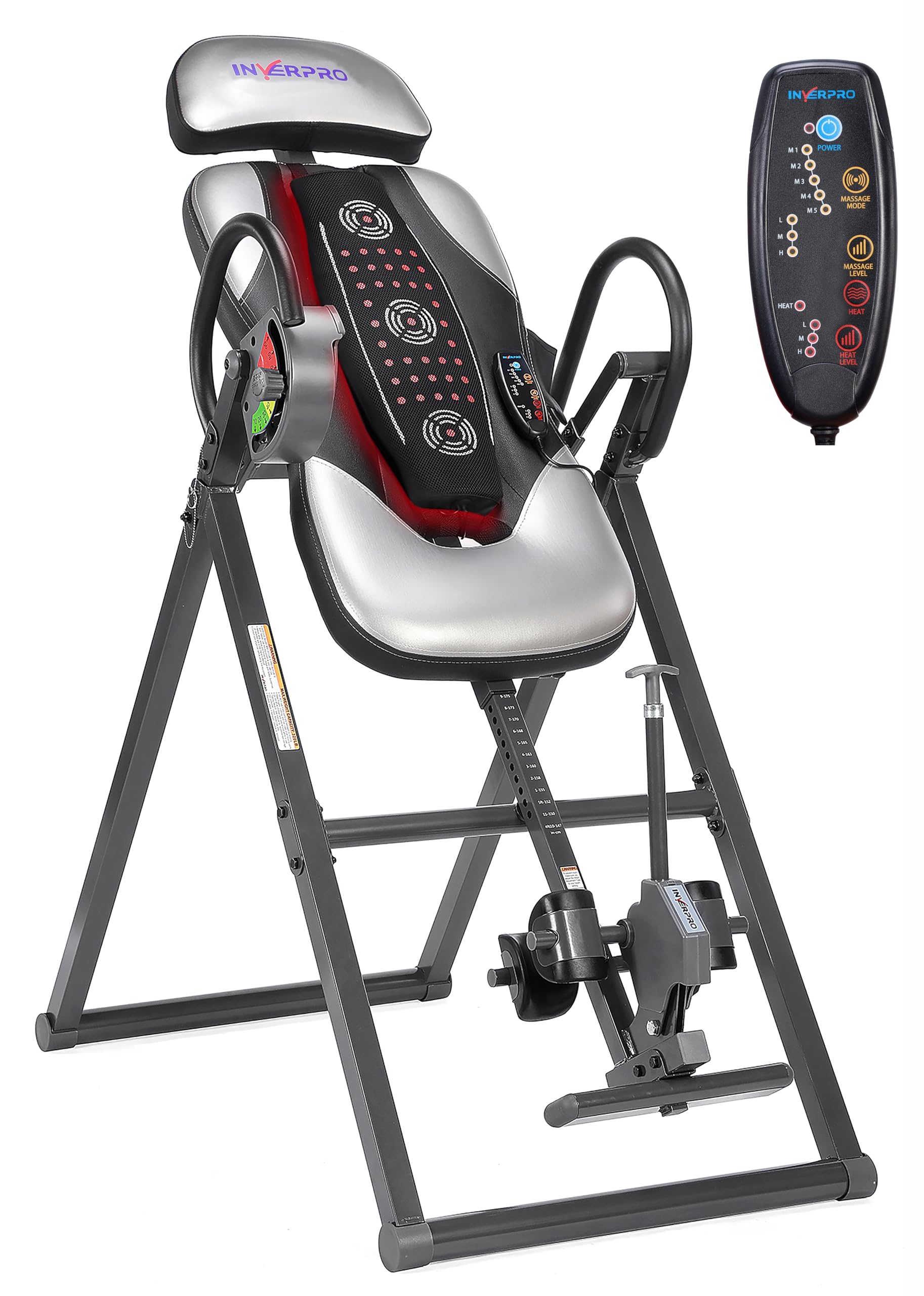 A silver and black inversion table with padded backrest, massaging feature, handles on both sides, foot supports, and an attached digital remote control.