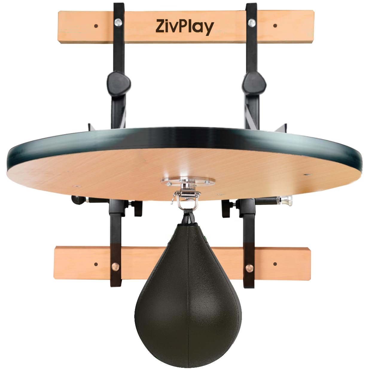 A speed bag mounted on a round wooden platform with adjustable metal brackets and “ZivPlay” branding at the top.