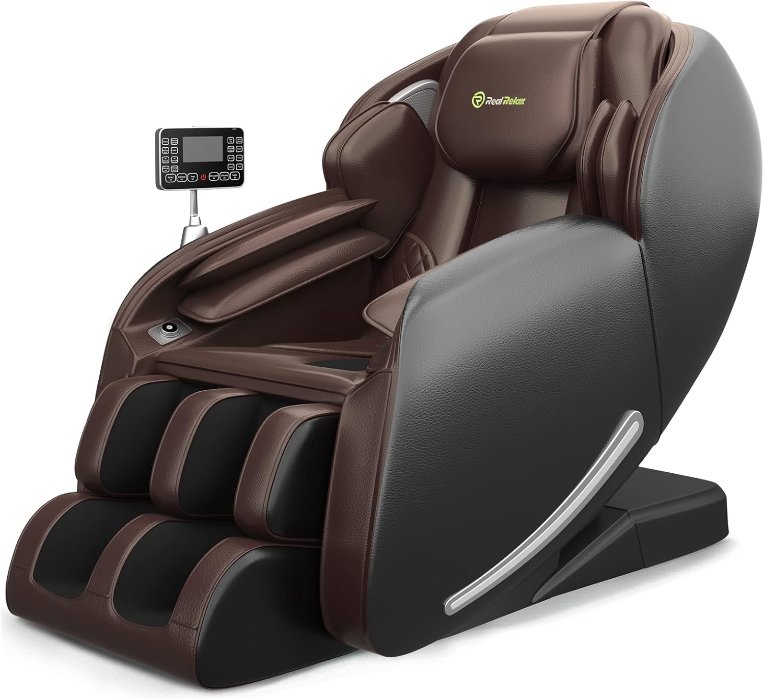 A modern massage chair with brown and black upholstery, built-in leg rests, and an attached digital control panel. The chair has a sleek, ergonomic design for relaxation and comfort.