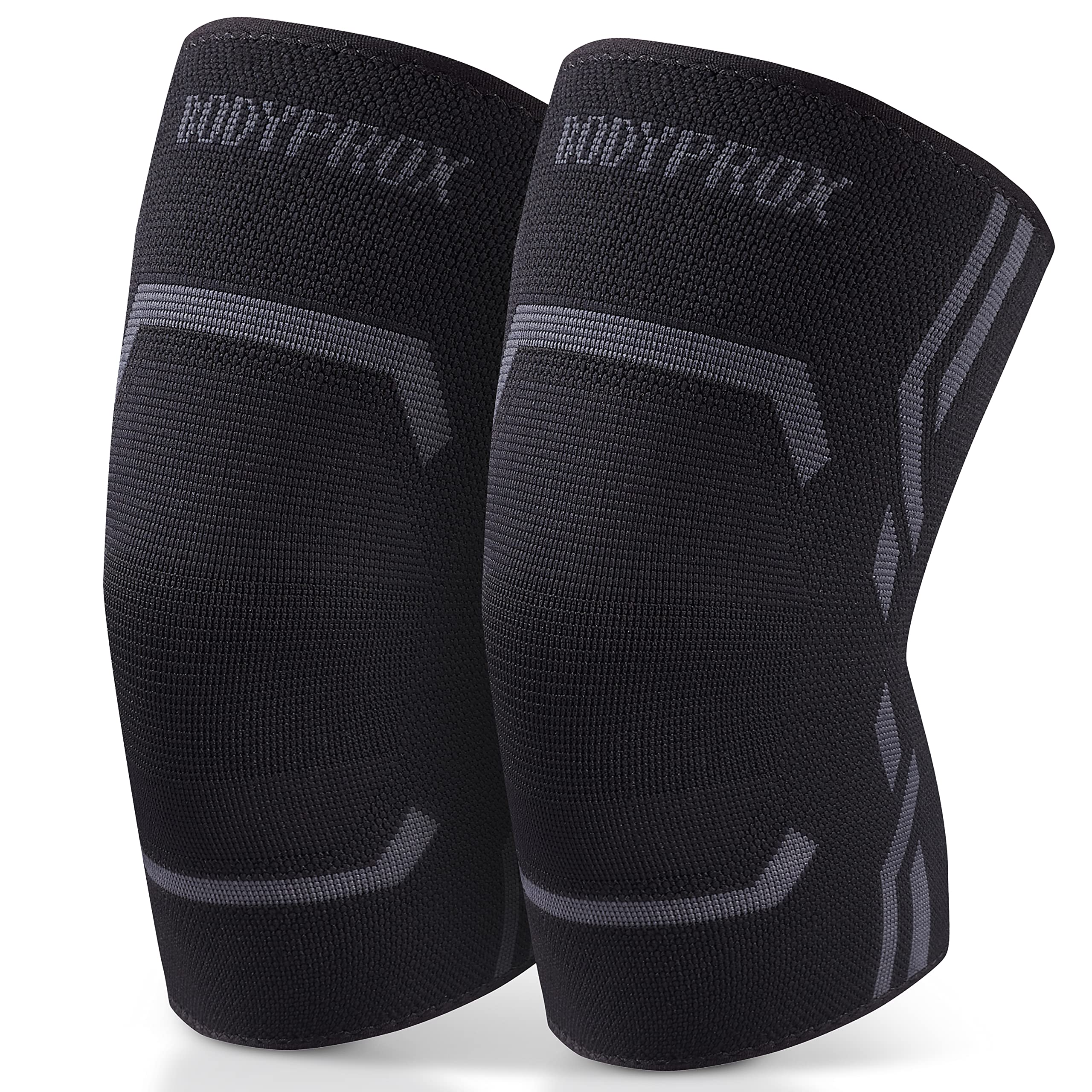 A pair of black compression knee sleeves with gray accents and the word BODYPROX printed at the top of each sleeve.