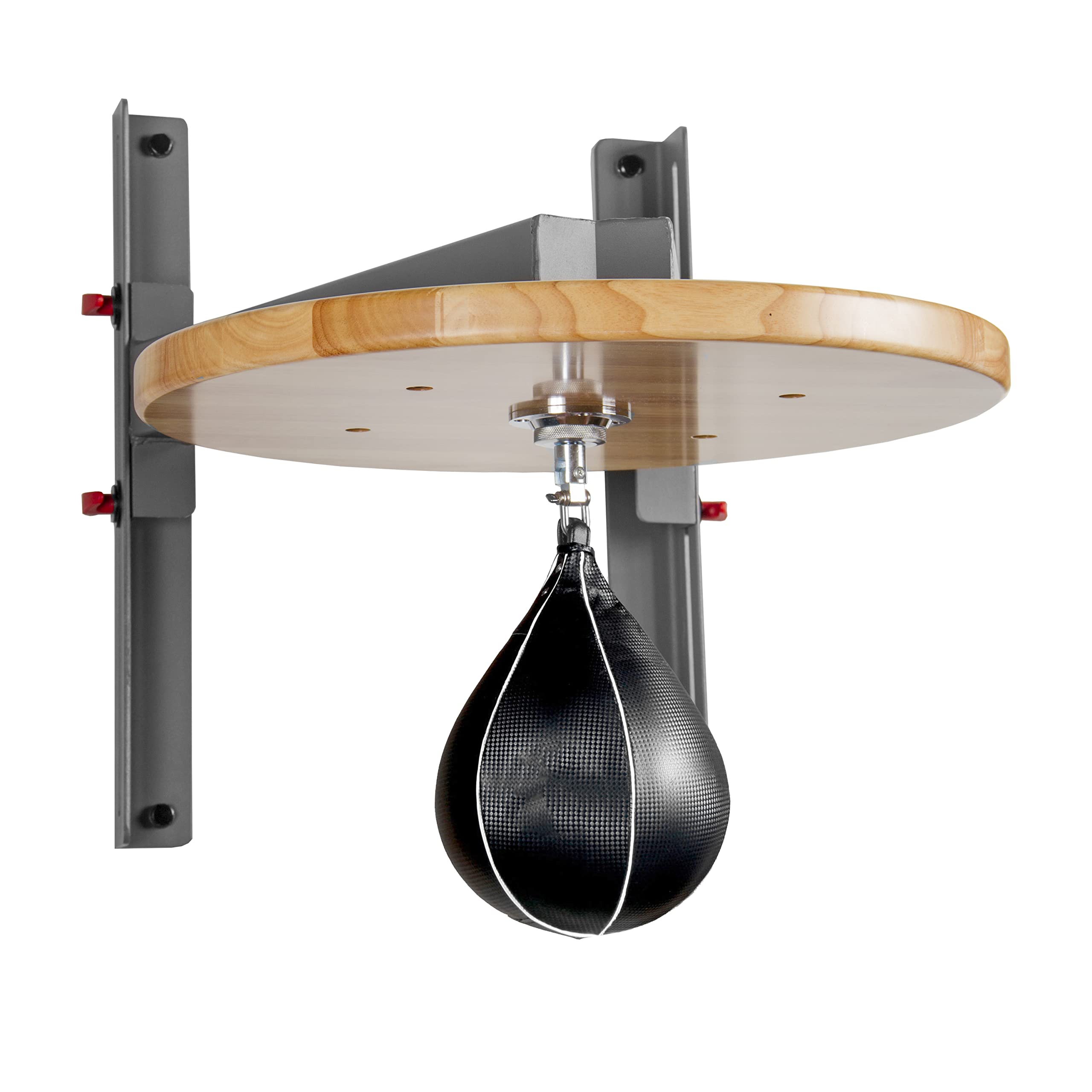 A black speed bag attached to a swivel, hanging from a wooden platform mounted on a gray metal bracket, used for boxing training.