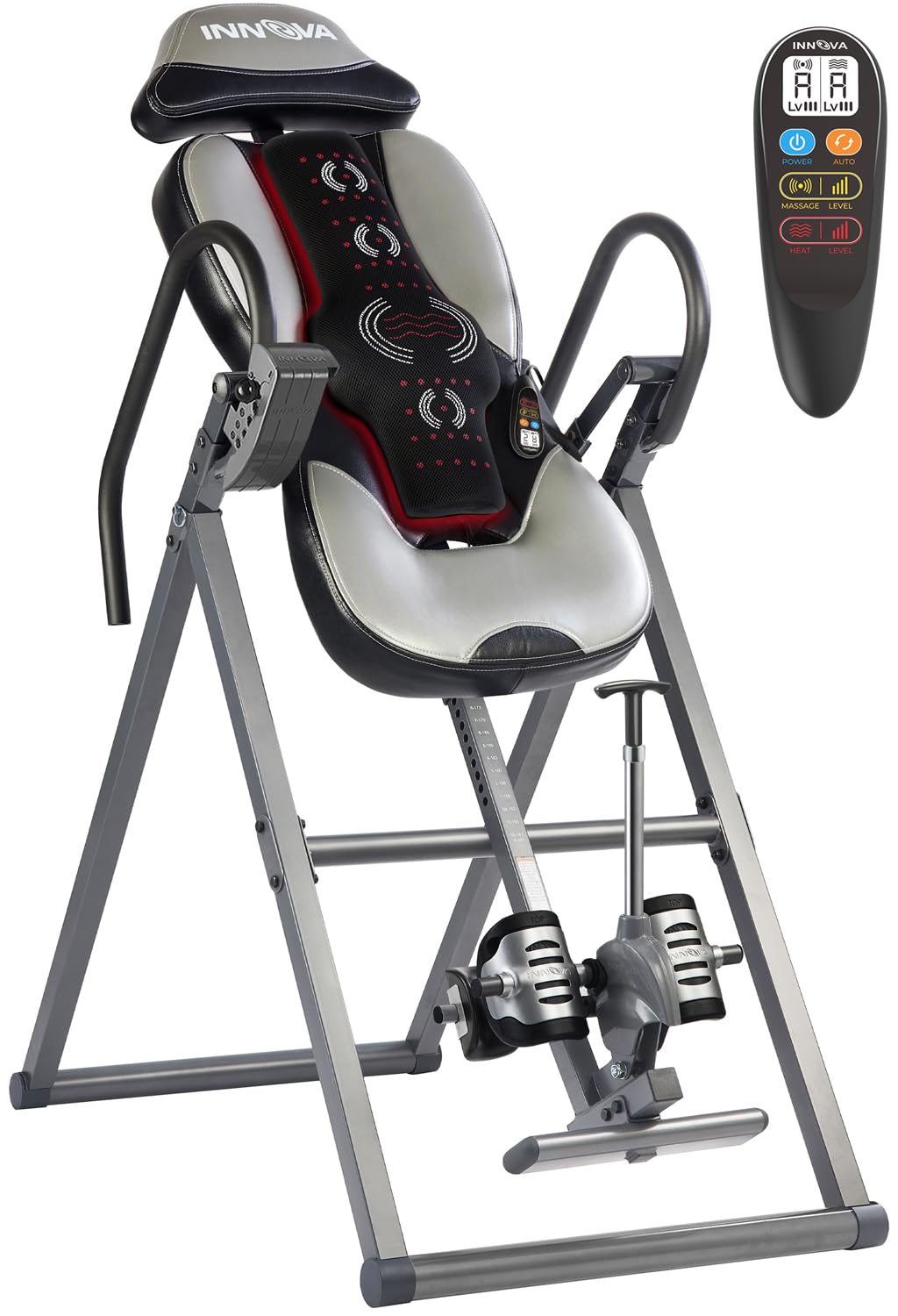Inversion table with padded backrest, adjustable ankle supports, arm handles, and a detachable electronic remote control for massage and heat settings.
