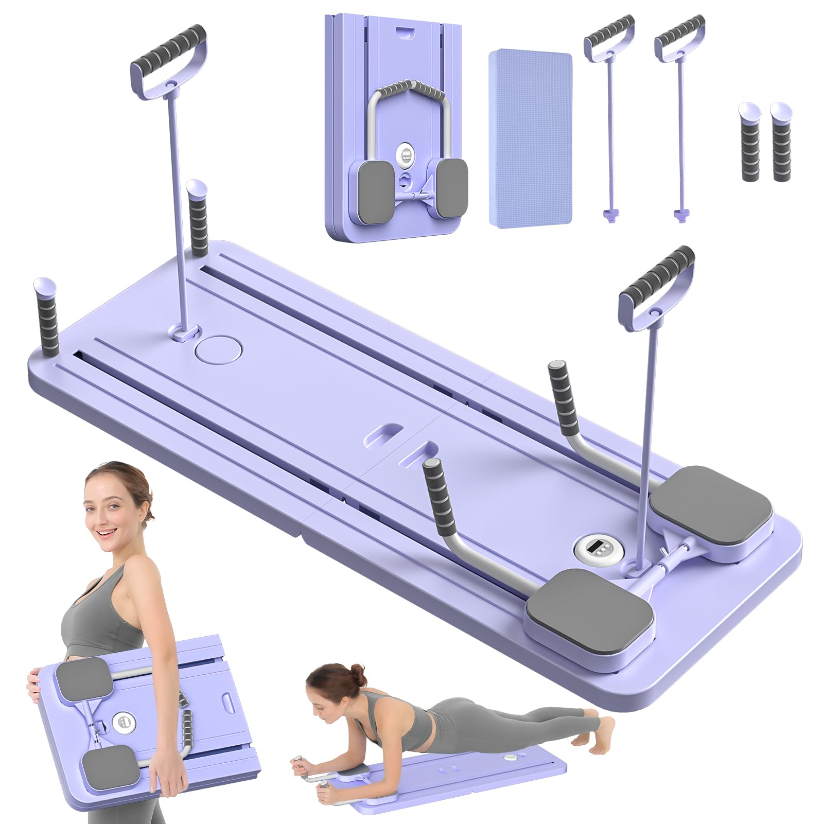 A foldable purple push-up board with adjustable handles, footrests, and knee pads is shown. A woman demonstrates its use by planking and carrying the board. Accessories and setup steps are also displayed.