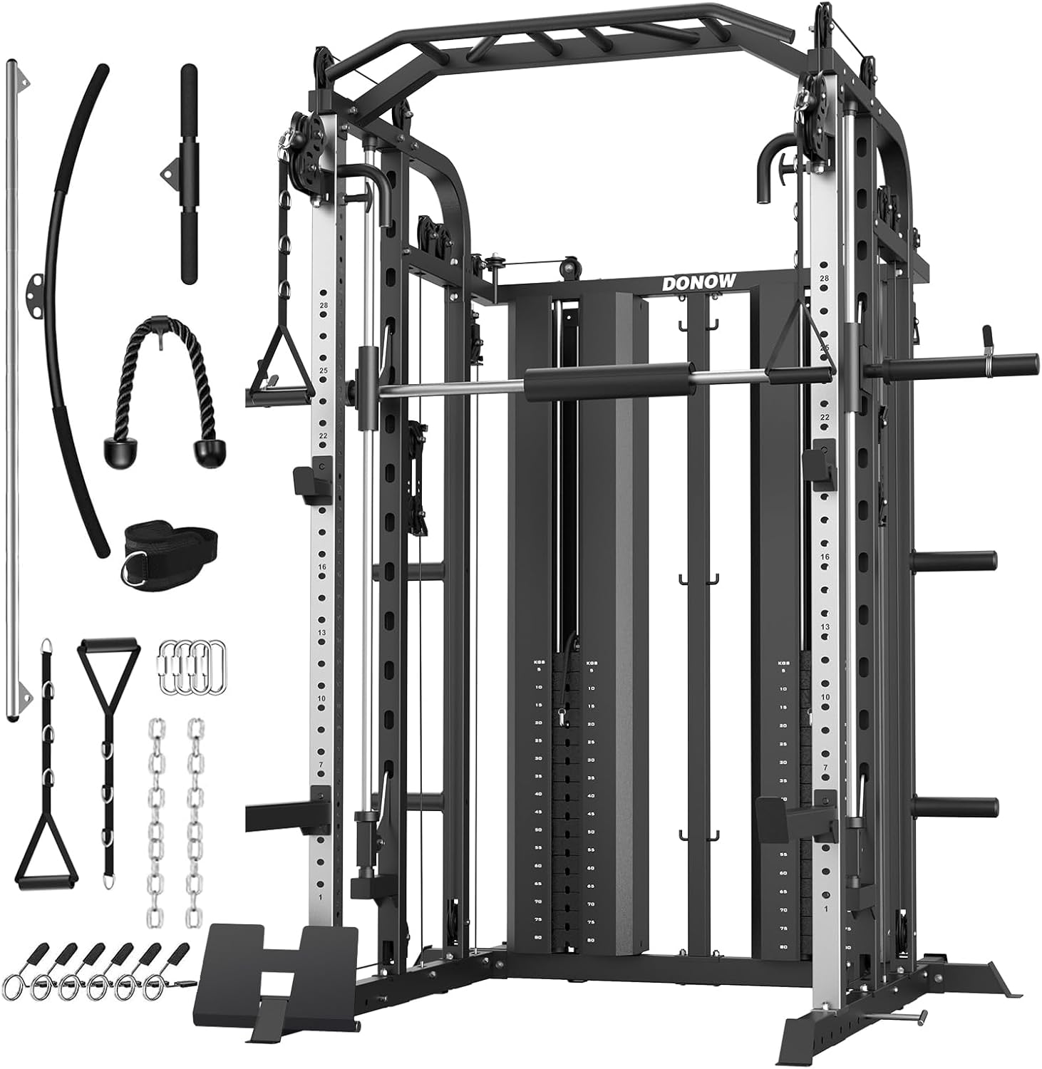 All-in-one home gym equipment with a power rack, pulleys, barbell, weight holders, pull-up bar, and various attachments including handles, ropes, chains, and ankle straps, all in black and silver.