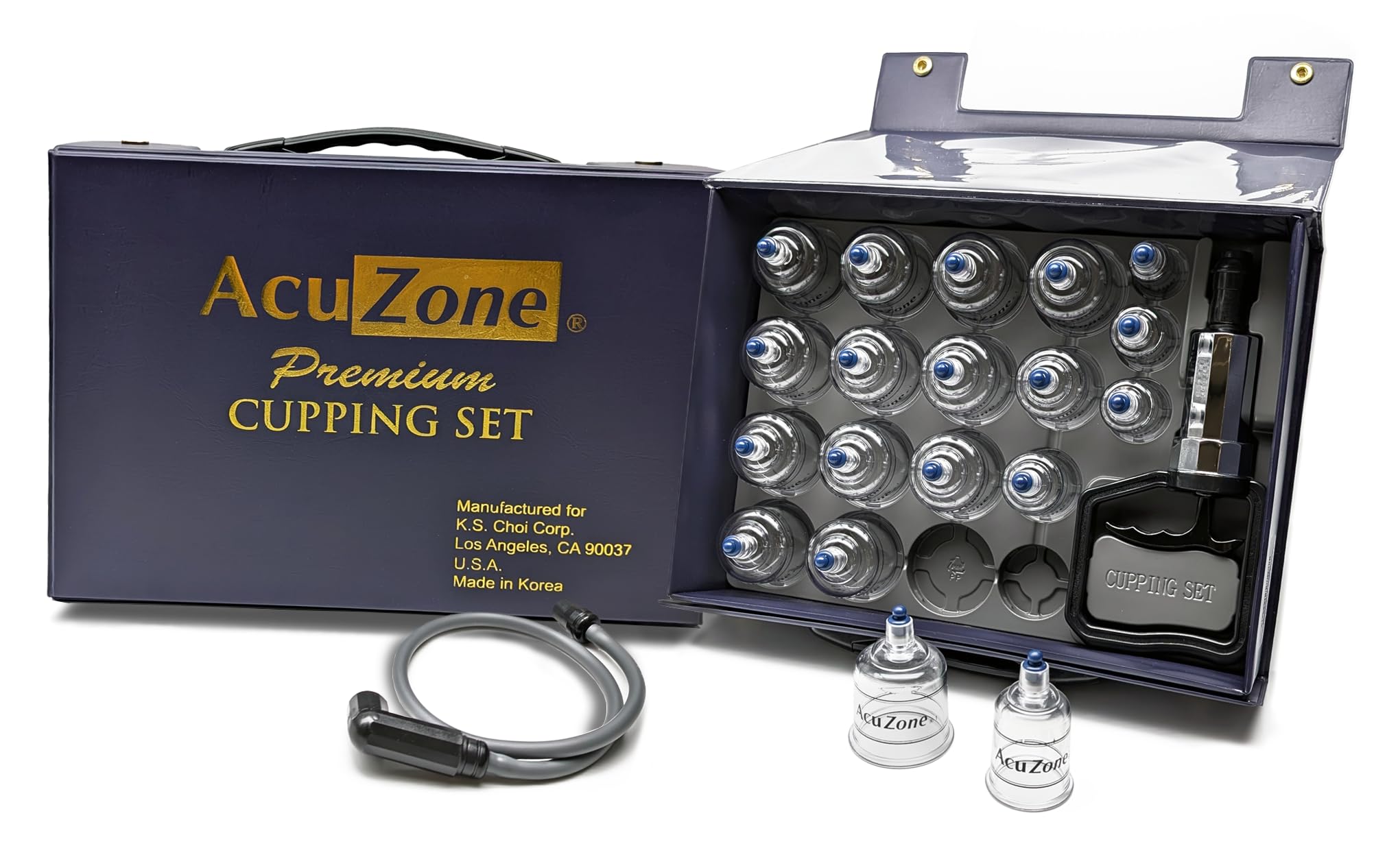 AcuZone Premium Cupping Set case is open, showing multiple clear cupping cups, a black pump, and accessories neatly arranged inside. The blue case is labeled with the product name in gold and white text.