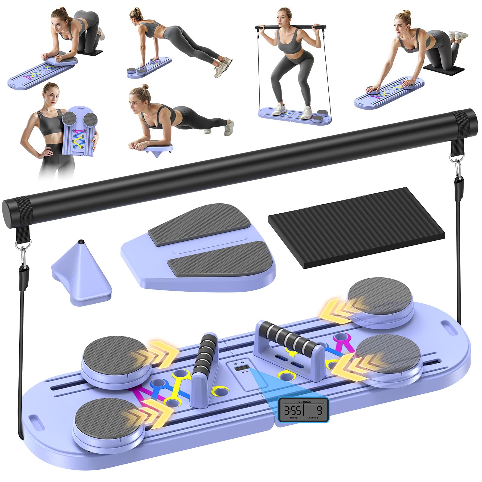 A versatile home workout kit with a blue and black exercise board, resistance bands, push-up handles, pads, and digital display. Smaller images show a woman demonstrating various exercises with the equipment.