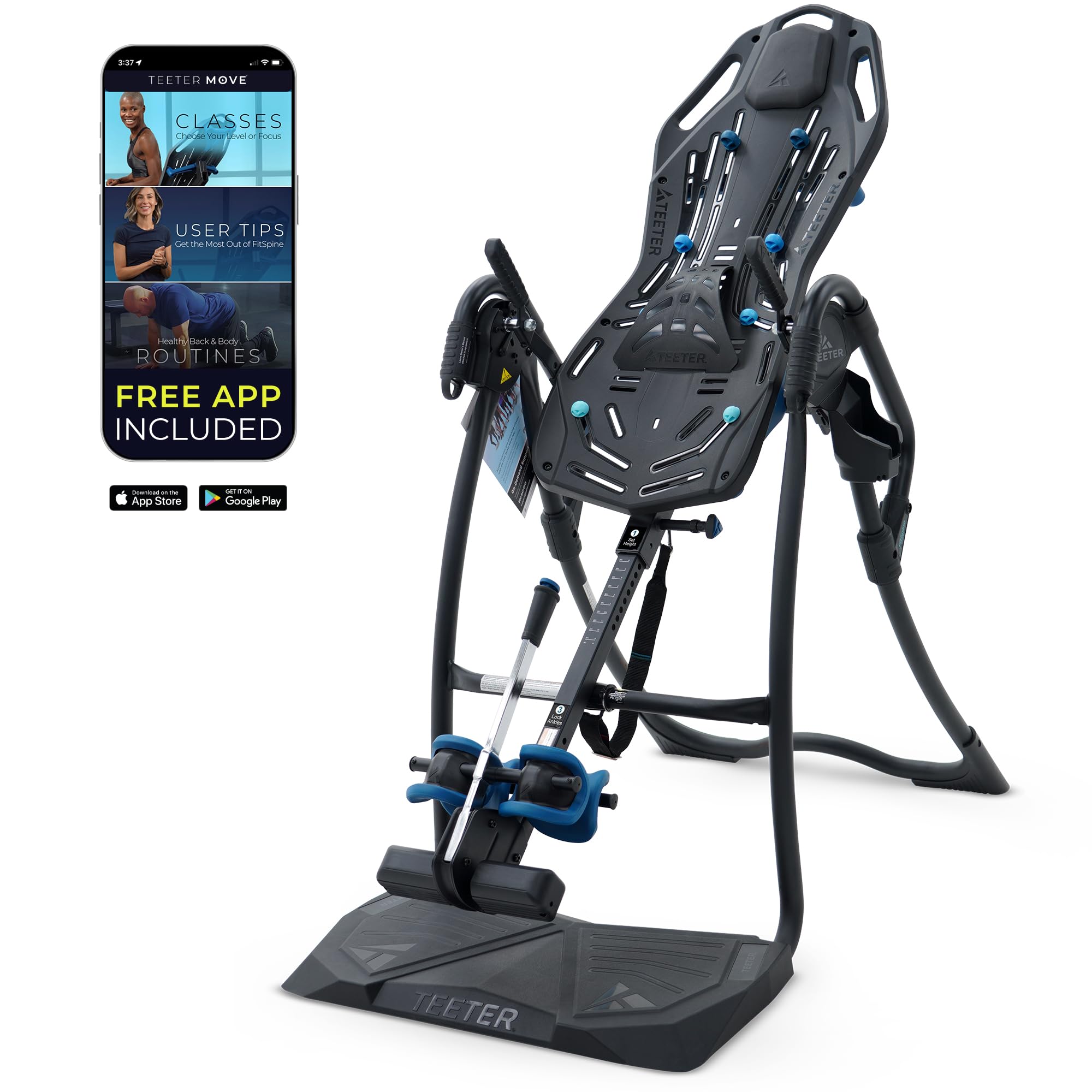 A black inversion table with blue accents is shown next to a smartphone screen displaying a fitness app. Text on the phone reads, “FREE APP INCLUDED,” with Google Play and App Store logos below.