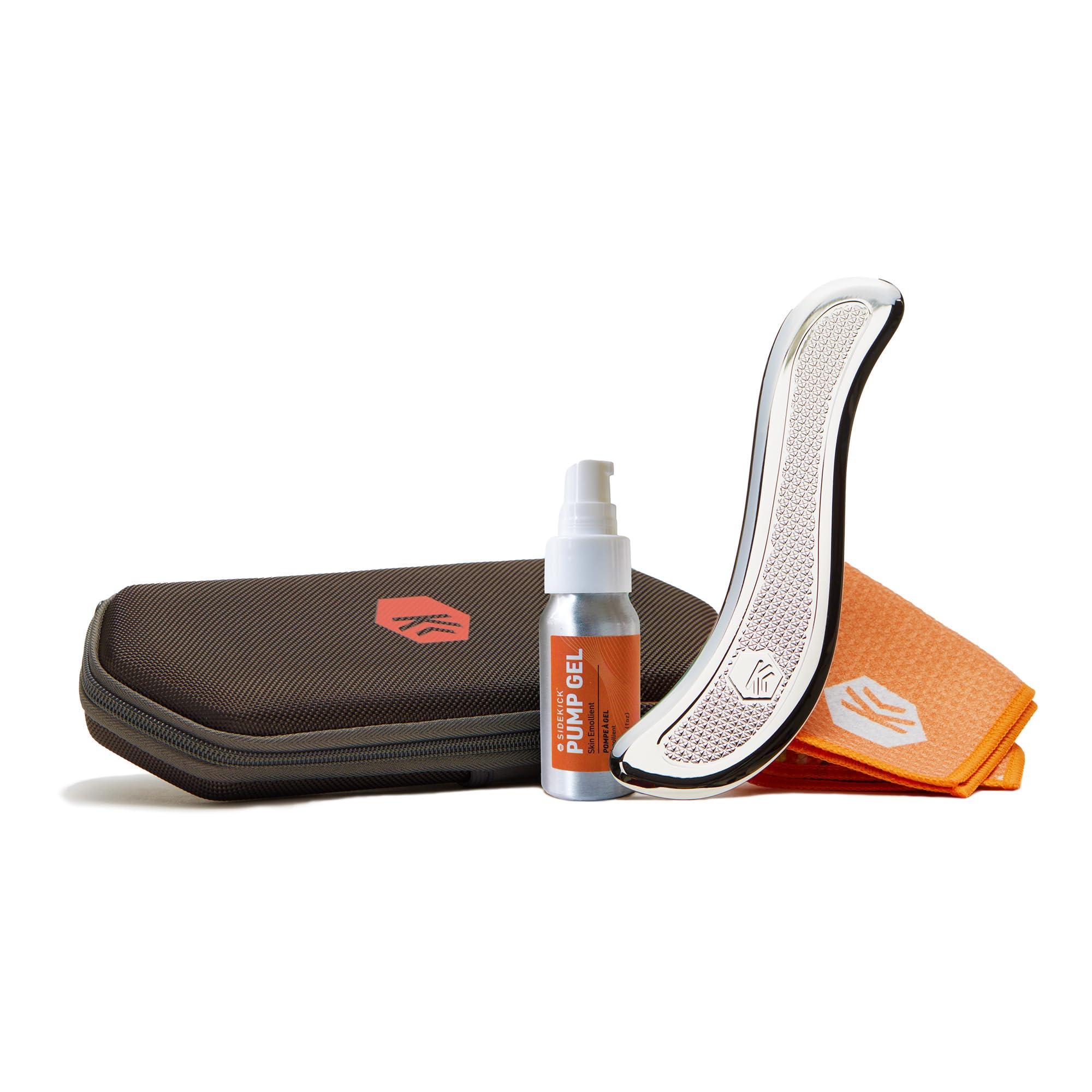 A set including a black zippered carrying case, a curved white protective guard, a small spray bottle labeled Power Gel, and two orange cloths, all arranged on a white background.