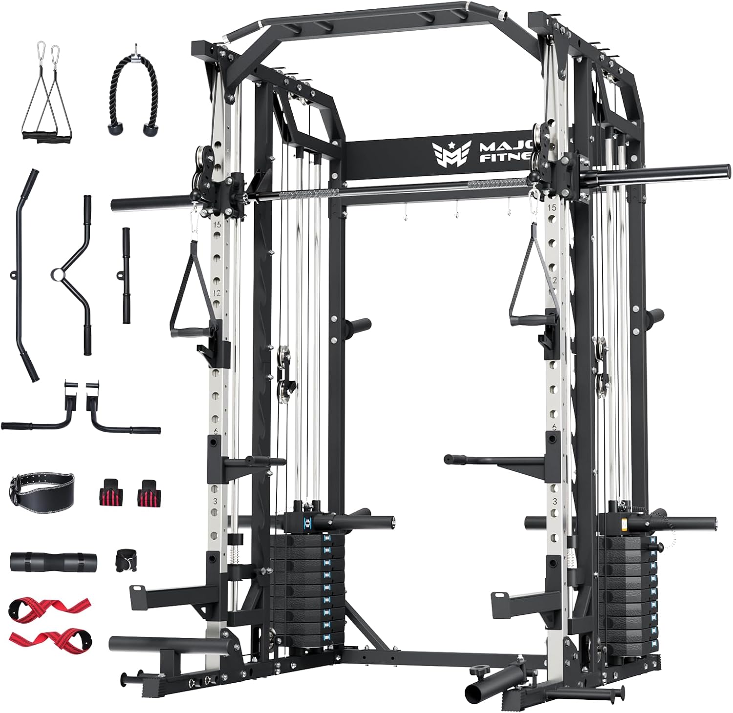 A multifunctional home gym machine with cables, pulleys, and attachments for strength training. Various handles, bars, bands, and accessories are displayed separately around the main equipment.