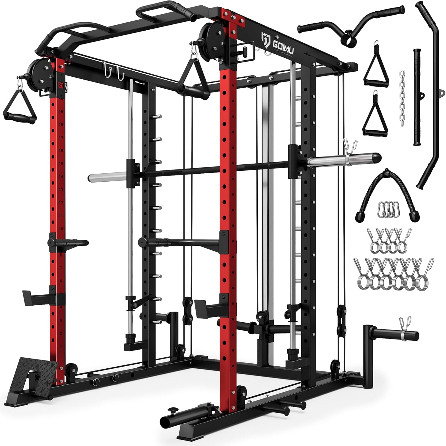 A multi-functional home gym power rack with red and black frame, various handles, bars, pulleys, weight clips, and attachments for strength training exercises like squats, bench press, and cable workouts.