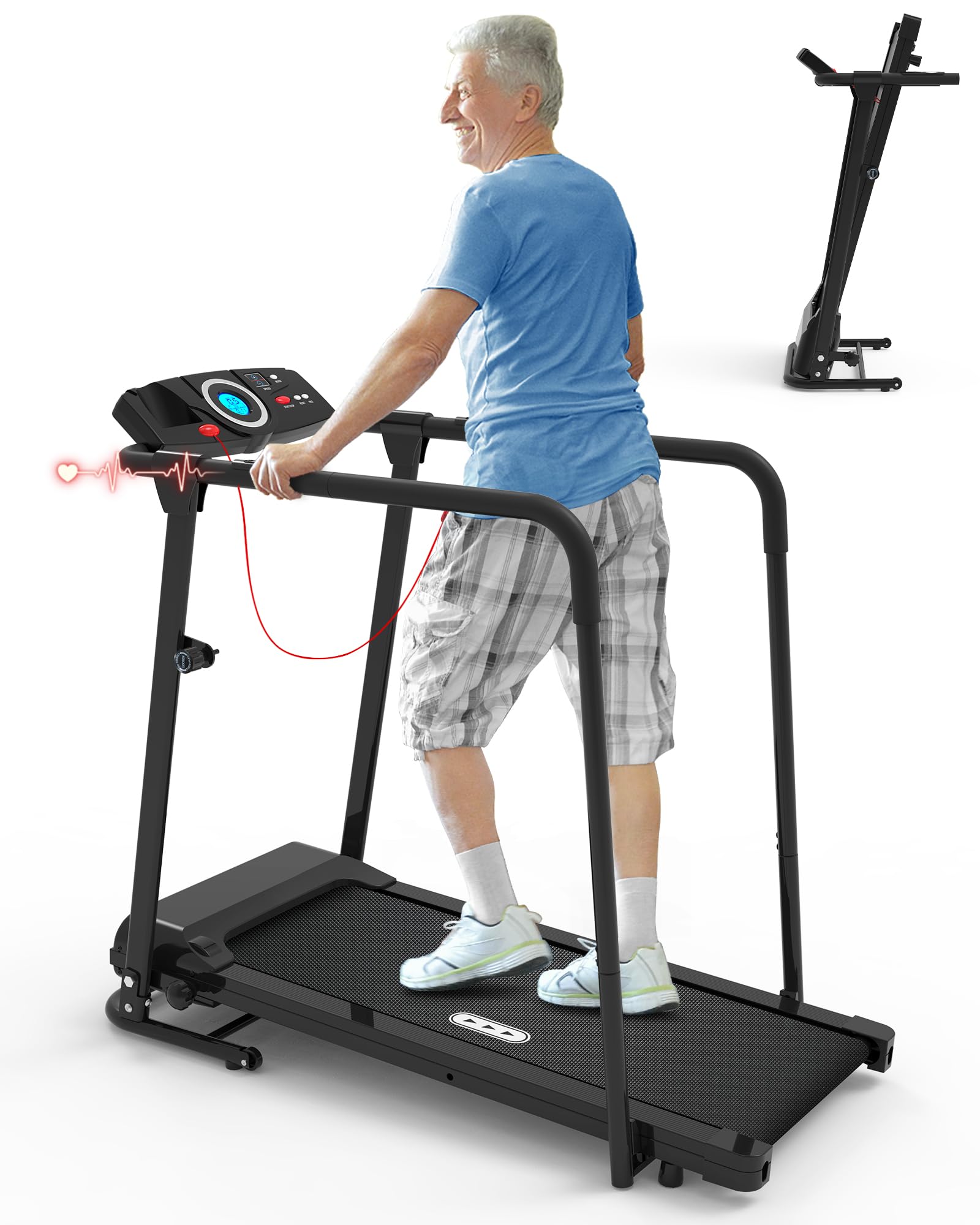 An older man wearing a blue shirt, plaid shorts, and sneakers walks on a treadmill with handrails. A folded treadmill is shown in the background.