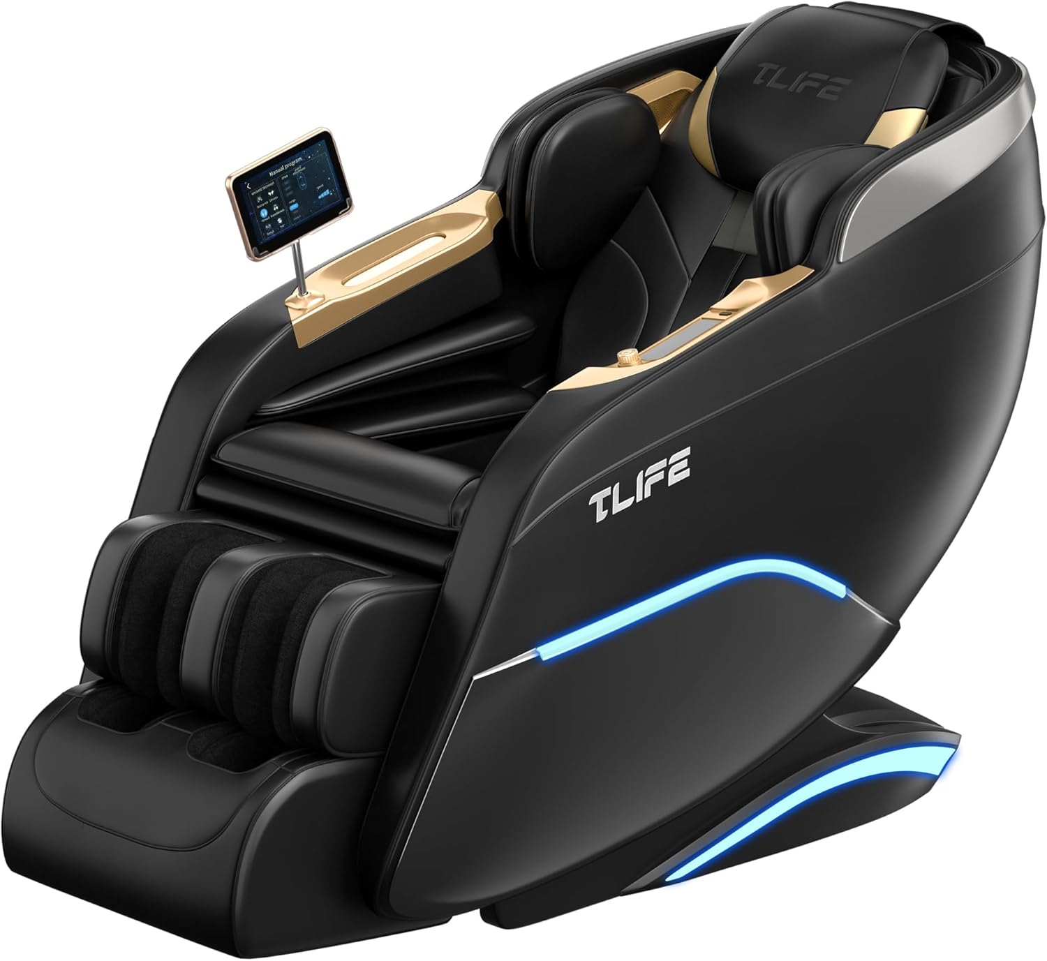 A modern black and gold massage chair with padded armrests, footrests, and a mounted touchscreen control panel on the left side. Blue accent lights run along its sleek sides.