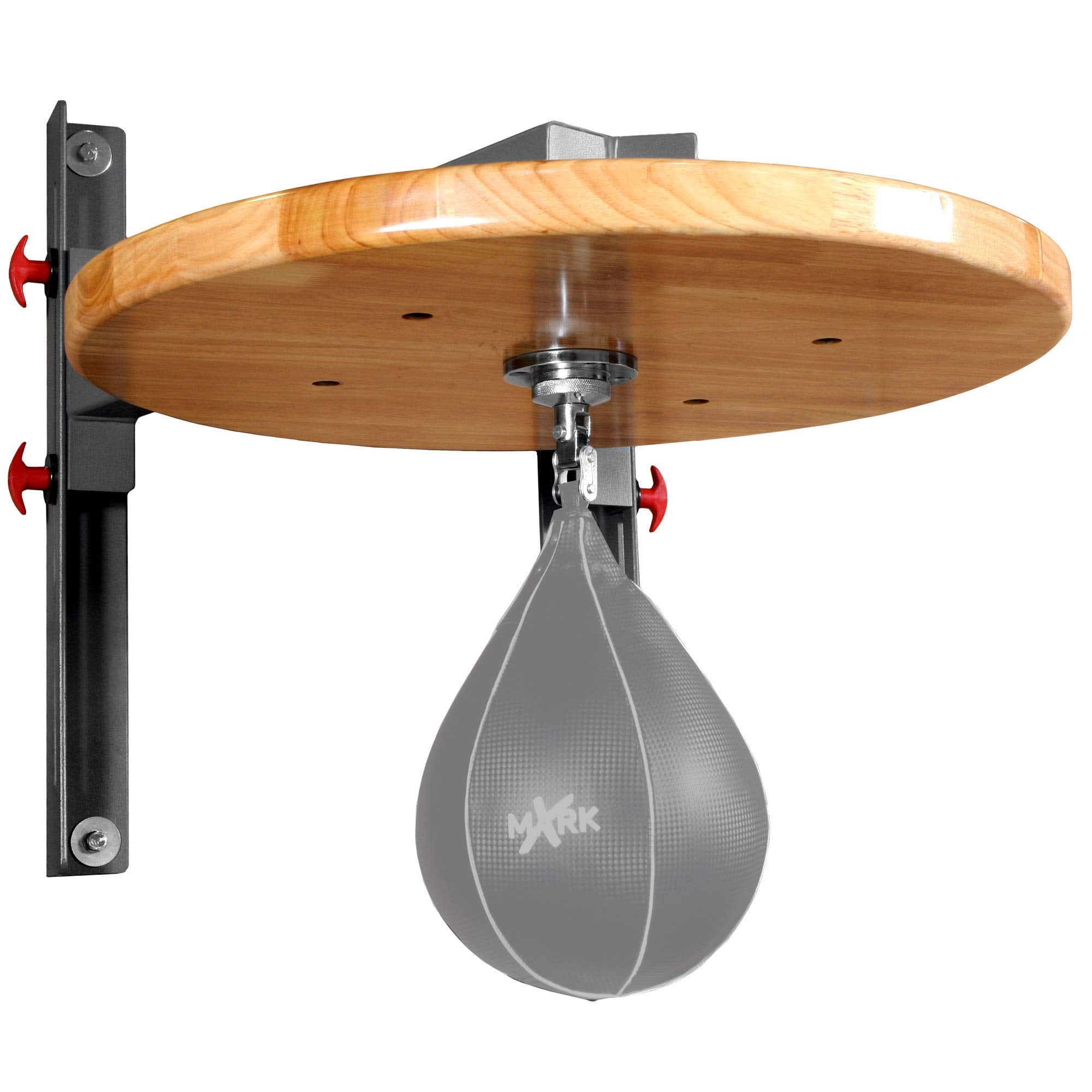 A gray speed bag is attached to a round wooden platform with a metal wall-mount bracket, designed for boxing training.