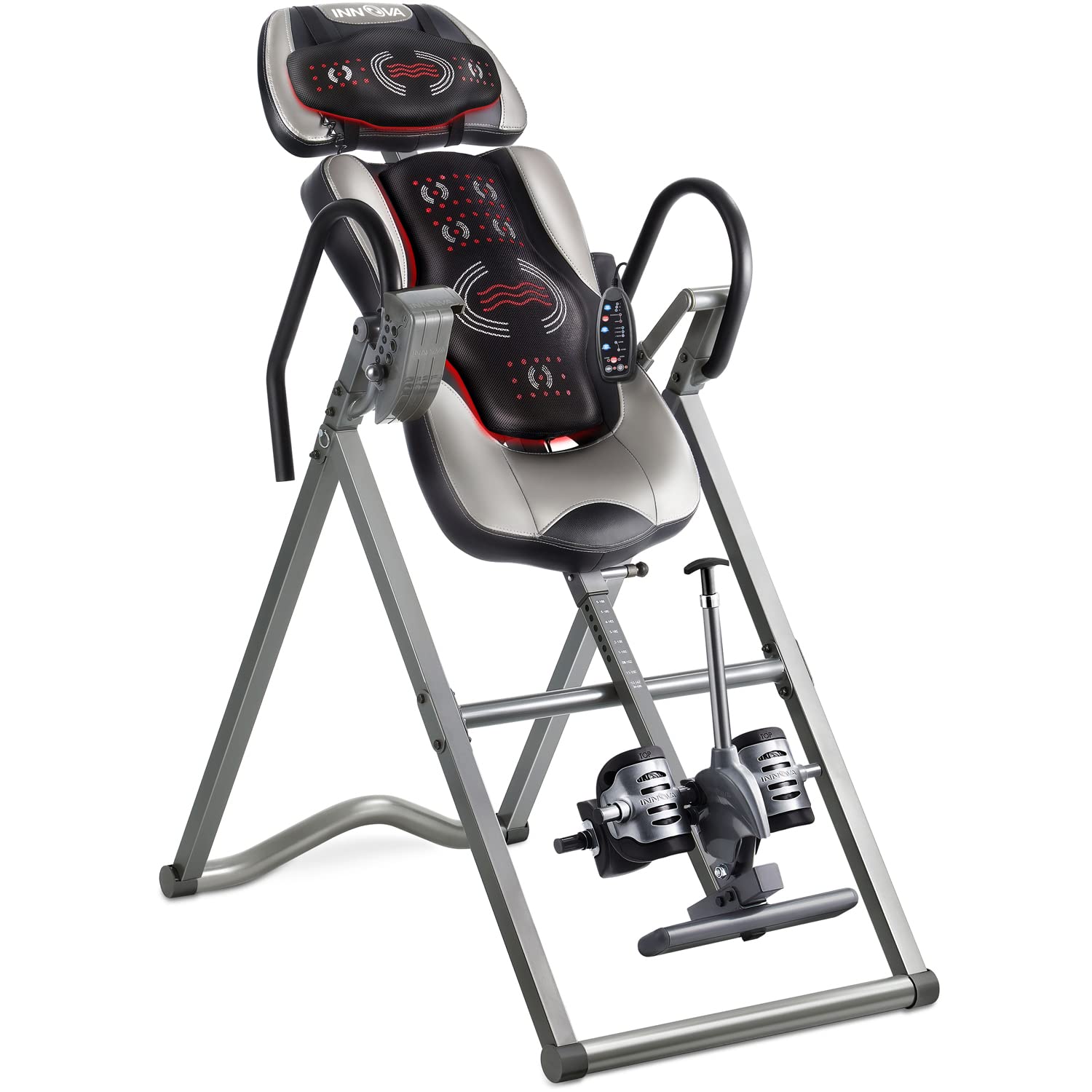An inversion table with a padded backrest, massage cushion, sturdy metal frame, handles on both sides, and adjustable foot supports, designed for back therapy and stretching exercises.