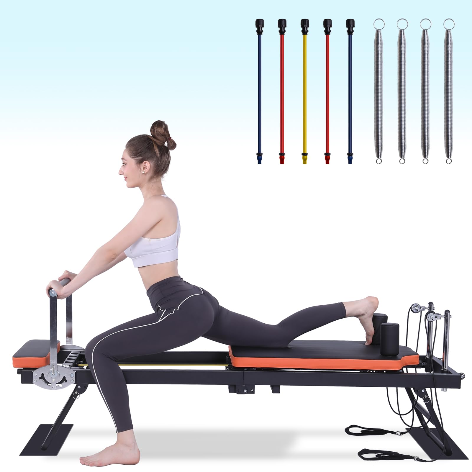 A woman in athletic wear uses a pilates reformer machine, stretching one leg back while holding a handle. Above her, resistance rods and springs are displayed against a light blue background.