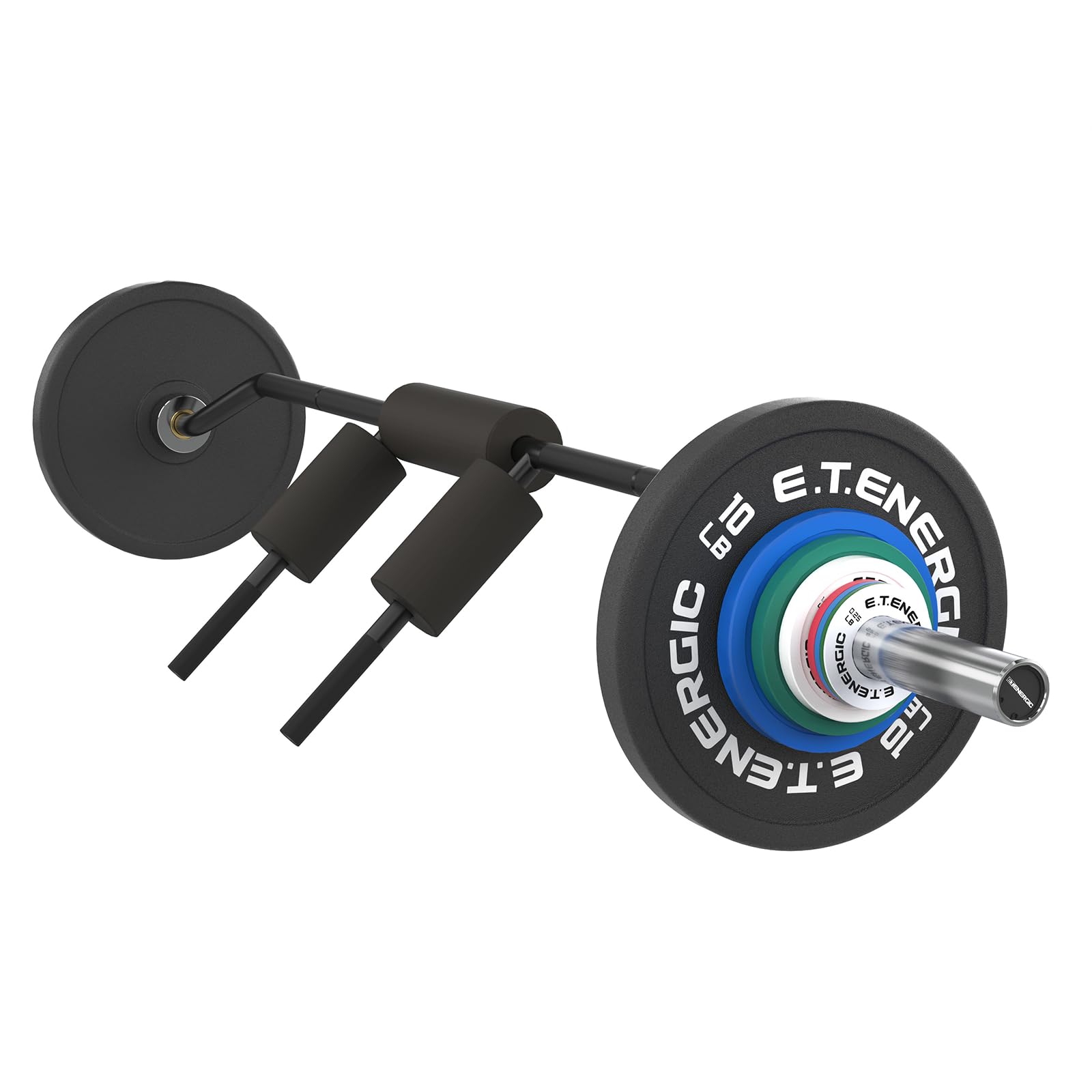 A barbell with colorful weight plates labeled E.T. ENERGIC and two foam rollers attached to the bar, positioned on a white background—perfect for those who appreciate innovative commercial gym equipment.