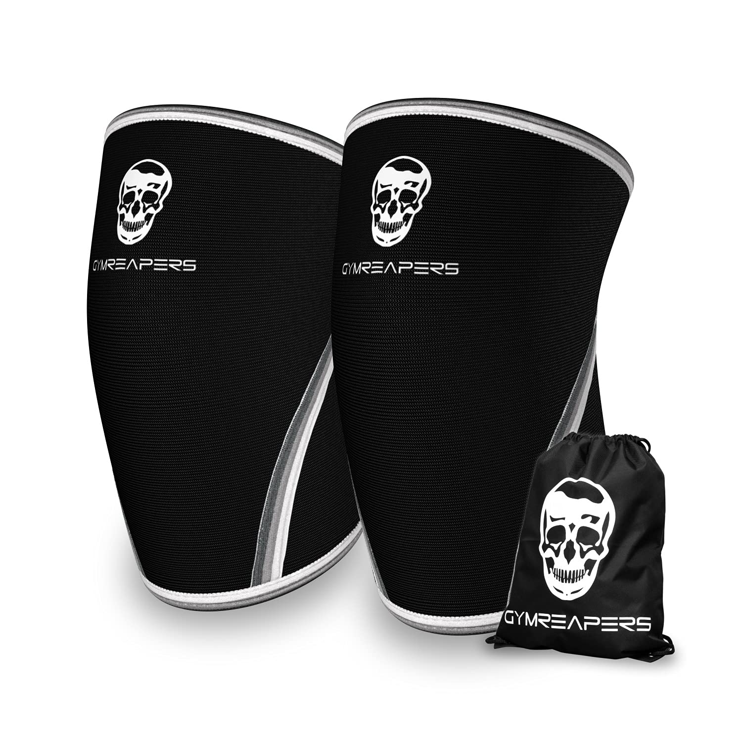 A pair of black knee sleeves with white skull logos and white trim, accompanied by a matching black drawstring pouch featuring the same skull design.