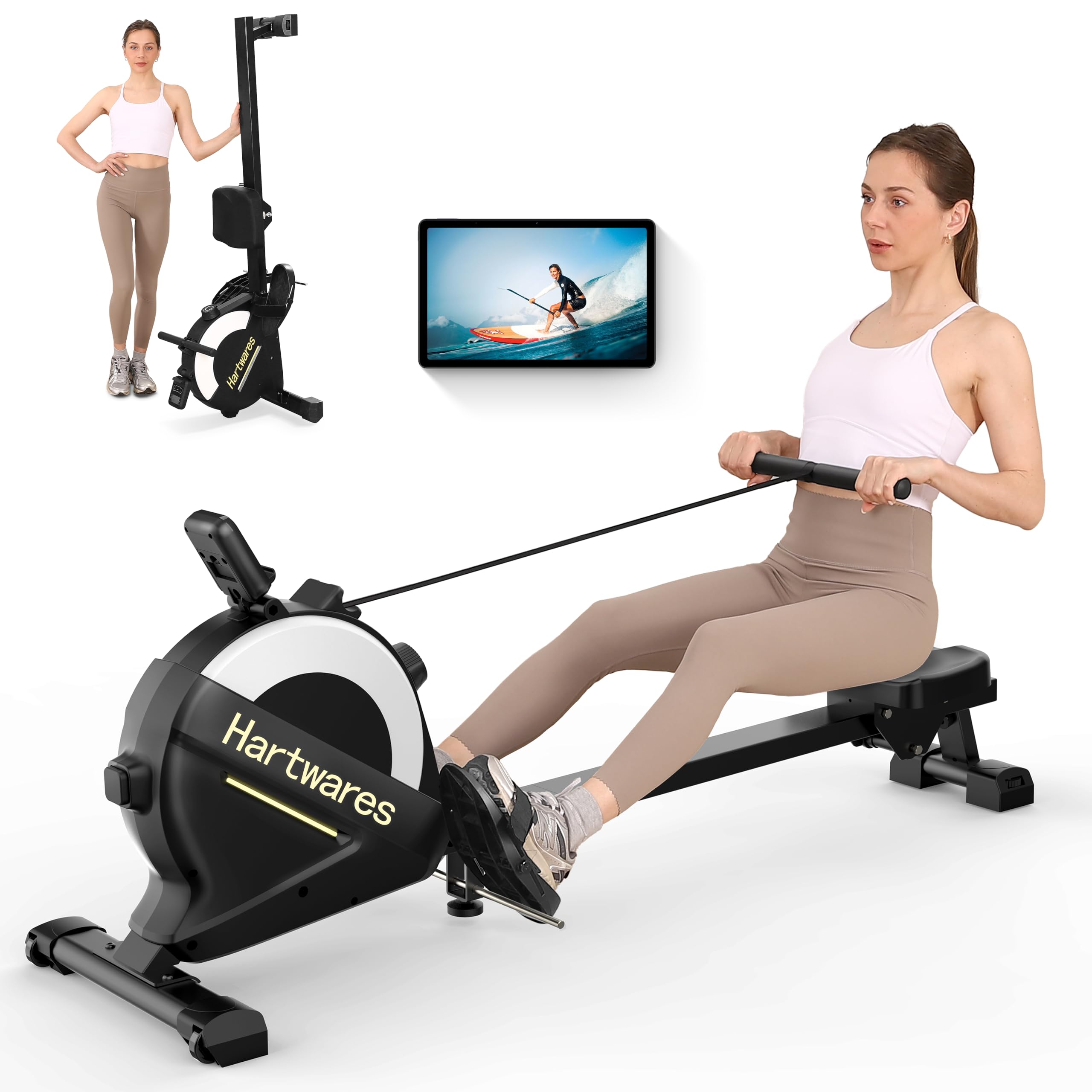 A woman in workout clothes uses a Hartwares rowing machine. An inset shows her standing next to the folded machine. A screen in the background displays a person surfing.