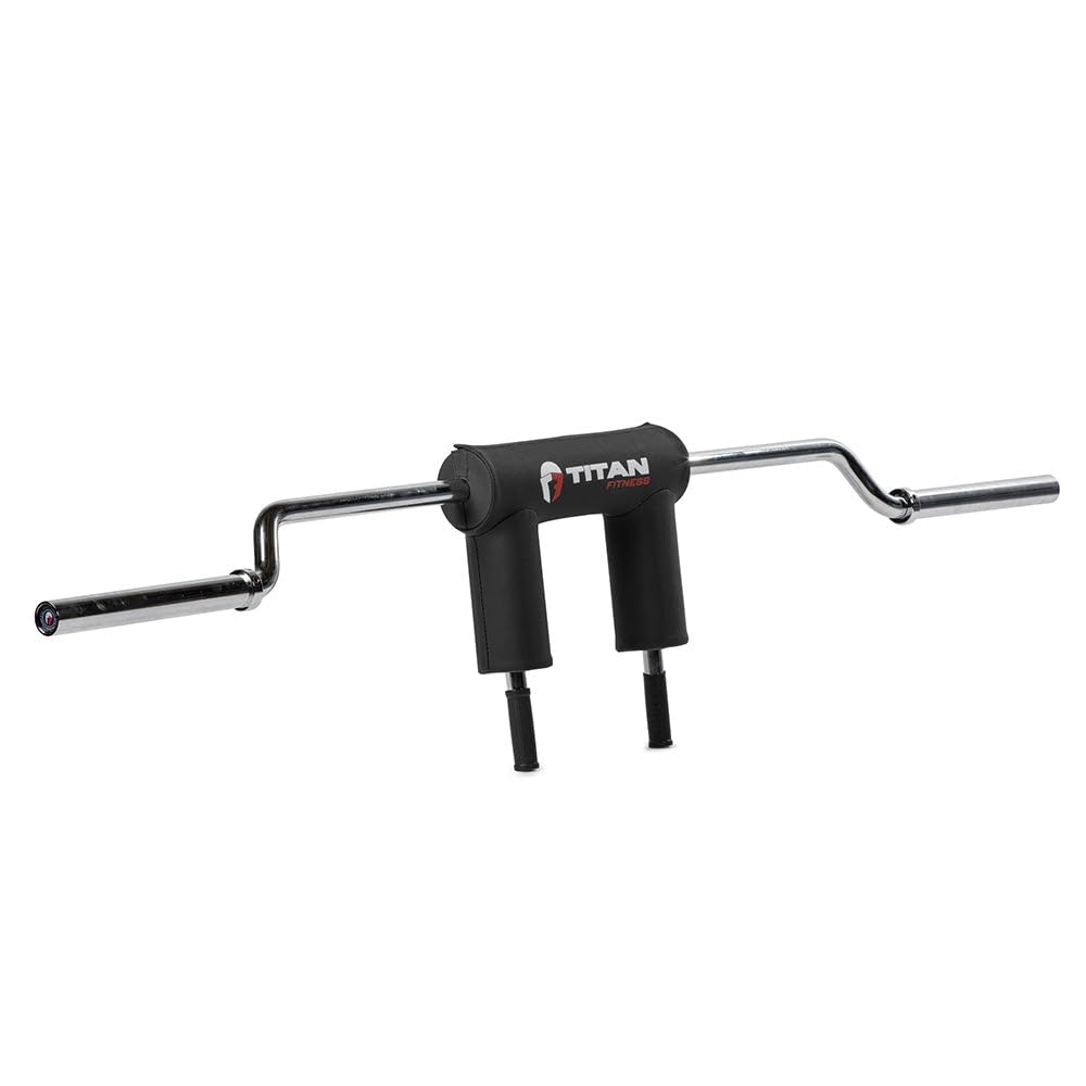 A Titan branded safety squat bar with chrome sleeves, black padding in the center, and two vertical handles extending downward from the padded area—an essential addition to any commercial gym equipment lineup.