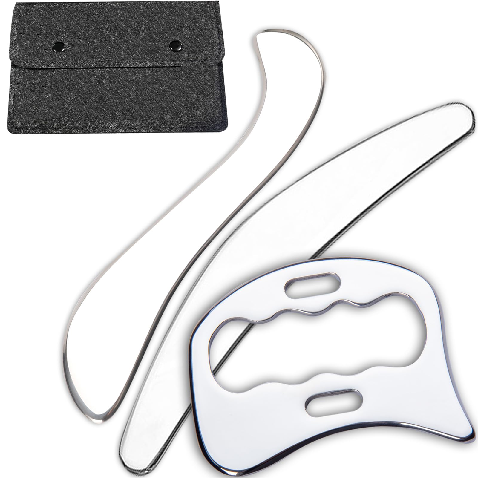 A set of three stainless steel massage tools, musscle scrapers, with different shapes, accompanied by a black textured carrying pouch, displayed on a white background.