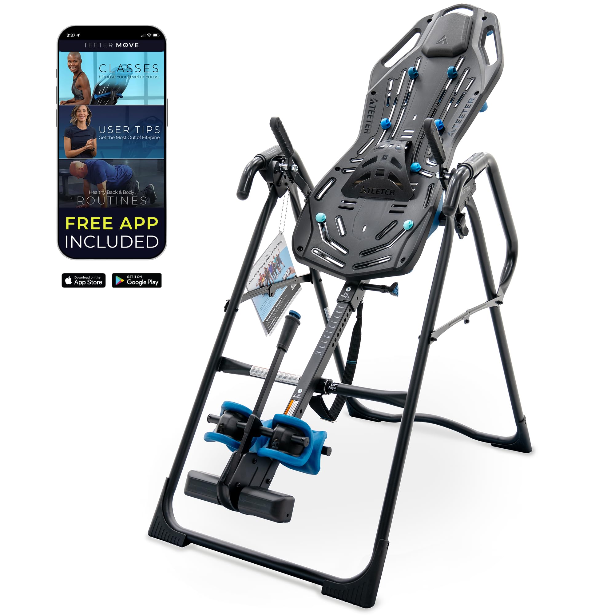 Black and blue inversion table with adjustable ankle supports and padded backrest, shown next to a graphic of a smartphone displaying an app. Text on image reads FREE APP INCLUDED with app store logos below.