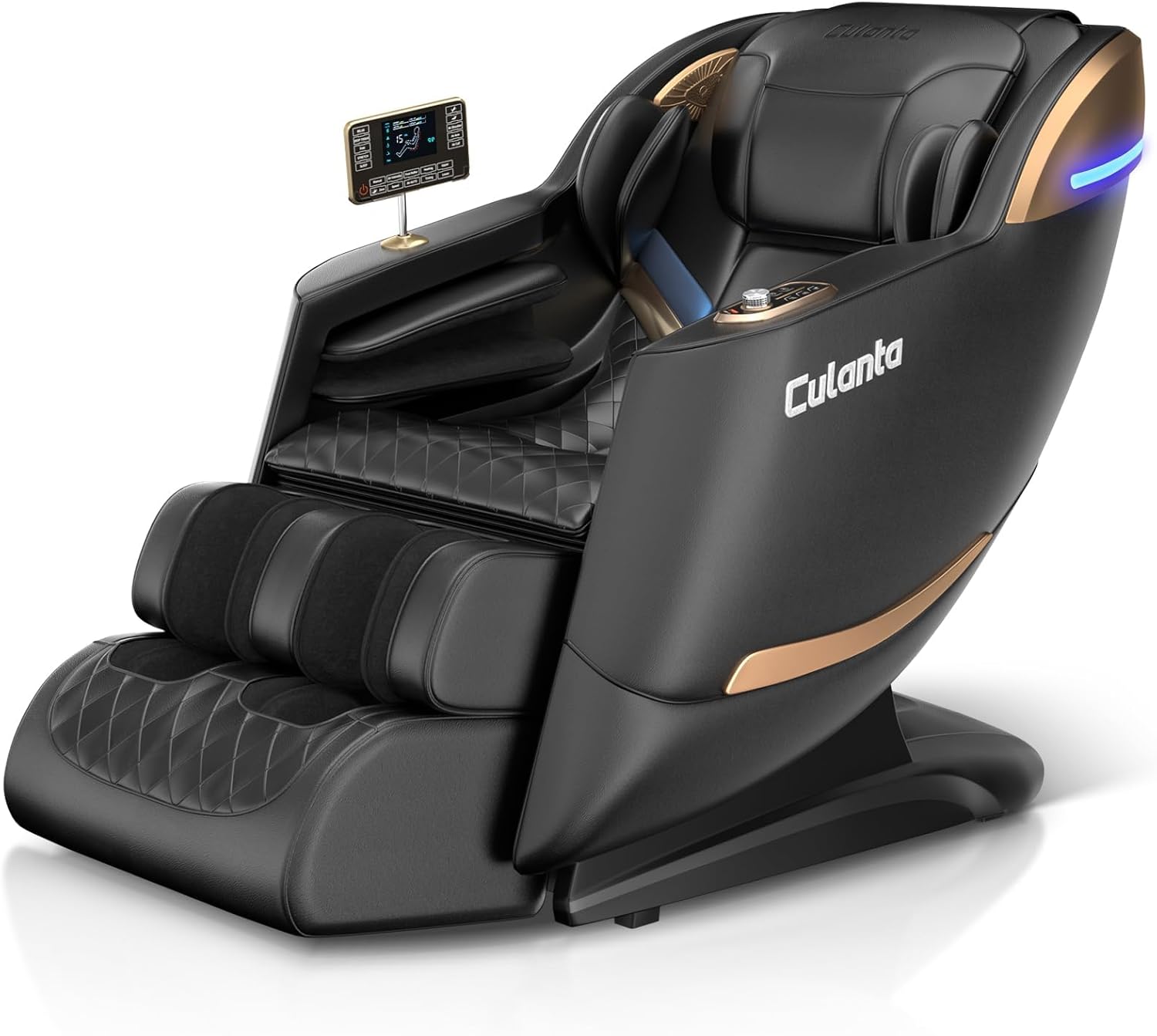 A modern black massage chair with gold accents, labeled Cukatlo, featuring a built-in control screen, padded armrests, and footrests. The chair has a sleek, ergonomic design with blue LED lights on the side.
