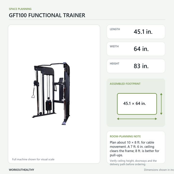 Body-Solid GFT100 dimensions and floor-space planning: 45.1 × 64 × 83 inches