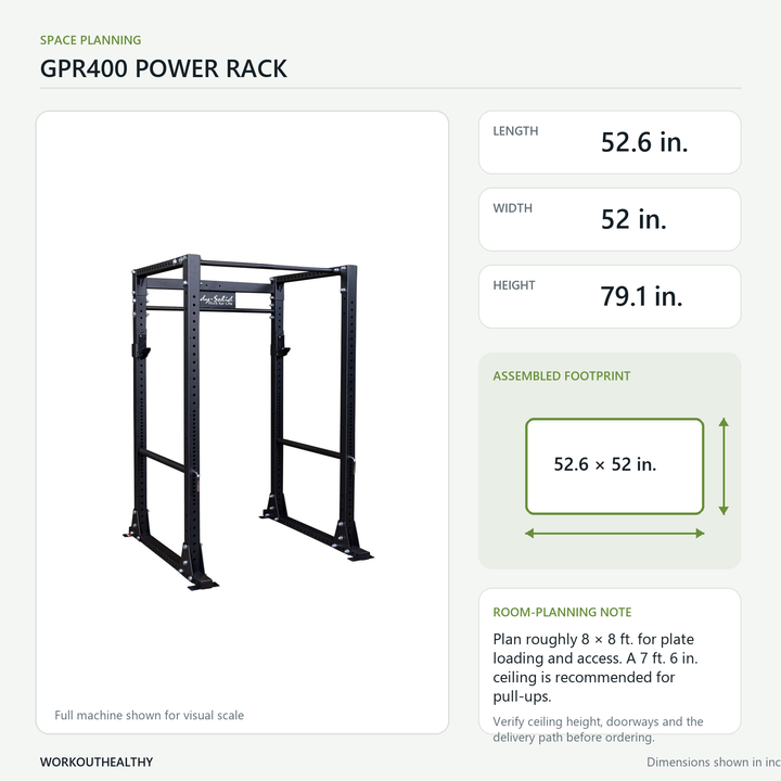 Body-Solid GPR400 dimensions and floor-space planning: 52.6 × 52 × 79.1 inches
