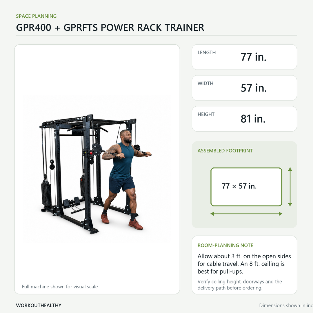 Body-Solid GPR400 with GPRFTS dimensions and floor-space planning: 77 × 57 × 81 inches