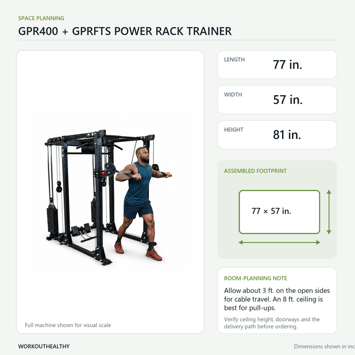 Body-Solid GPR400 with GPRFTS dimensions and floor-space planning: 77 × 57 × 81 inches