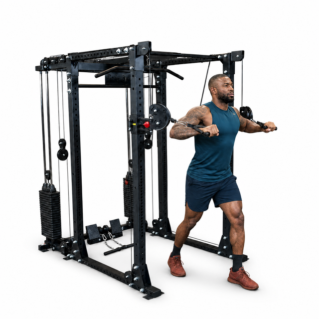 Body-Solid GPR400 power rack with GPRFTS cable crossover on a clean white background