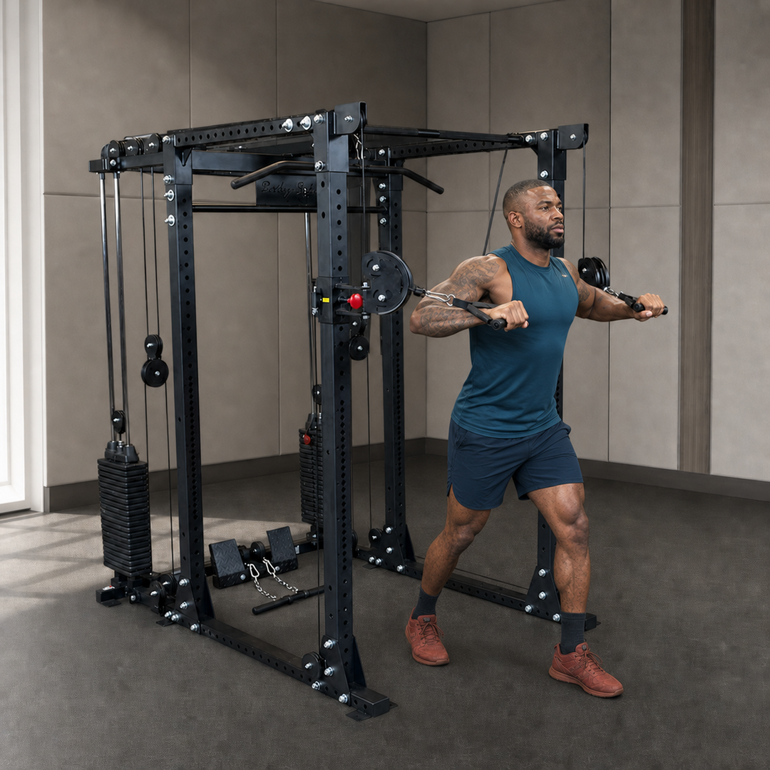 Body-Solid GPR400 power rack with GPRFTS cable crossover and athlete training in a premium studio