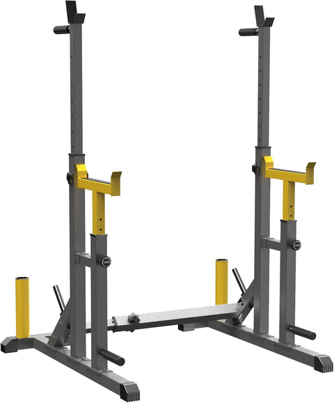 K KiNGKANG adjustable squat rack with connected base, gray uprights, yellow safety arms, and plate storage pegs.