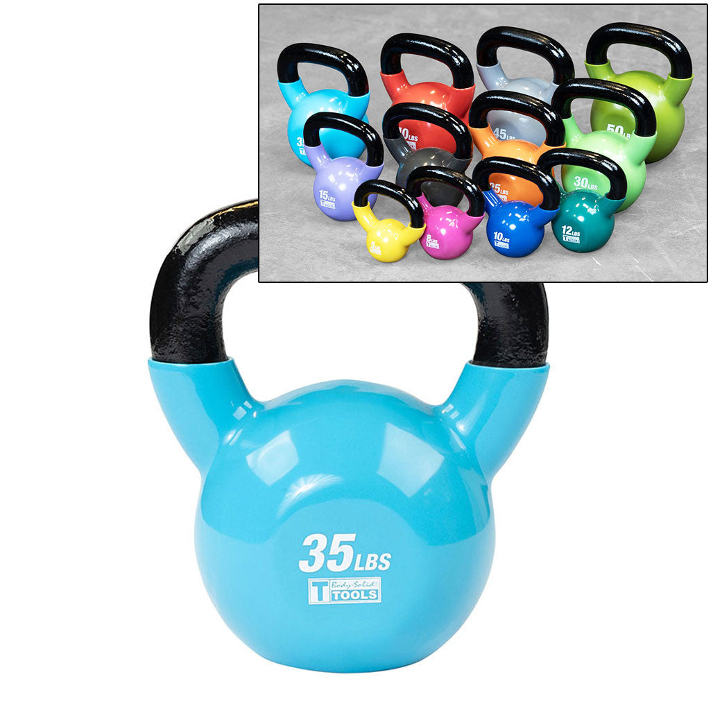 Body-Solid KBV35 vinyl dipped kettlebell in light blue, showing the coated handle and base