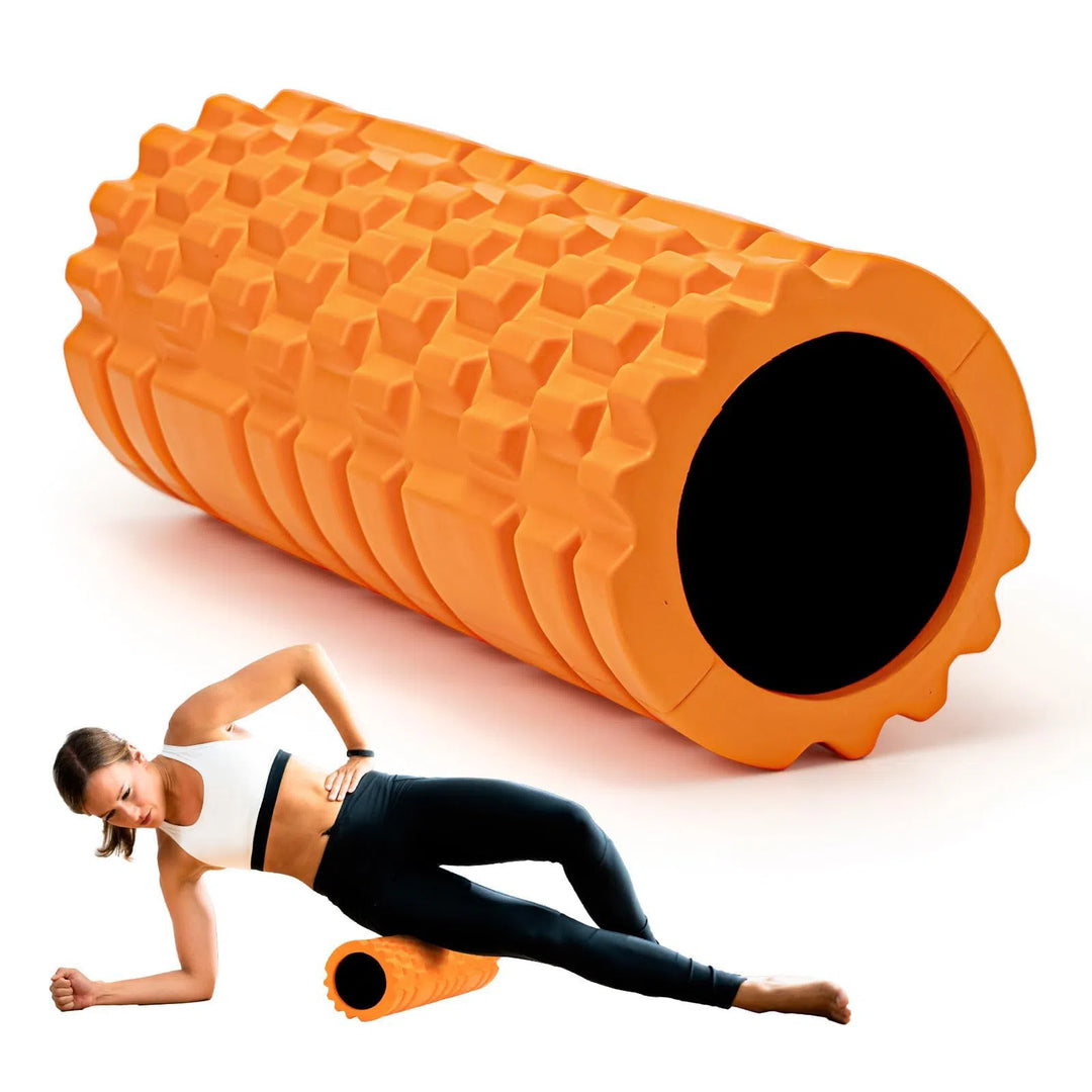 A woman in athletic wear uses the Krightlink Deep Tissue Foam Roller, featuring a black core and patterned exterior, on her leg for stretching or recovery. This scene is ideal for keyword extraction based on relevant content.