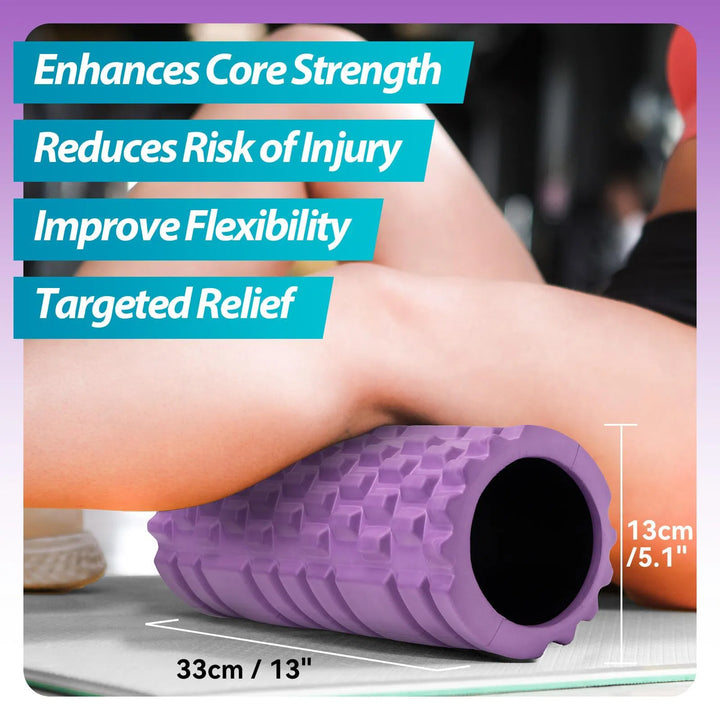 Using the Krightlink Deep Tissue Foam Roller, a vibrant purple roller measuring 33cm by 13cm, individuals can enhance core strength and flexibility. This Krightlink product offers targeted relief and reduces injury risk—ideal for refining specific areas in need.