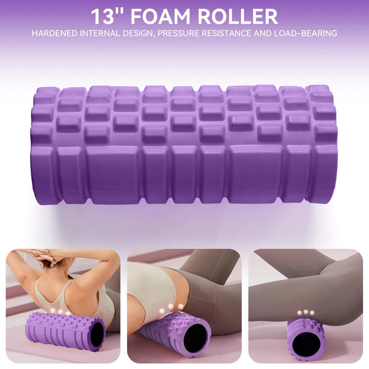 Visual of the Krightlink Deep Tissue Foam Roller in purple, measuring 13 inches with a textured surface. Featured images show its application on back, calves, and thighs. Notable design elements include a hardened core and pressure resistance, offering superior load-bearing capabilities—a fresh take beyond standard descriptions.